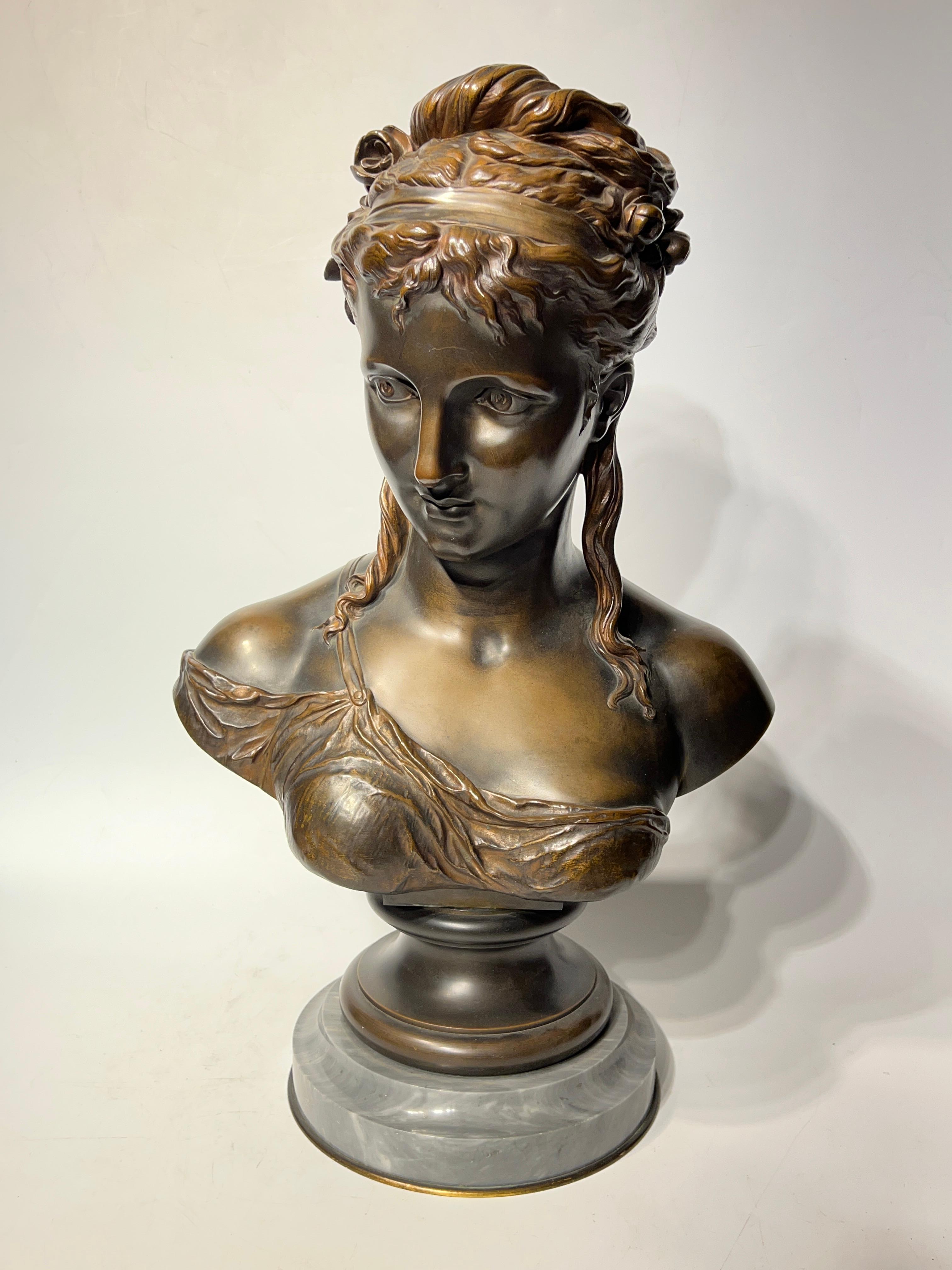 Patinated French Female Bronze Bust After Etienne Henri Dumaige For Sale