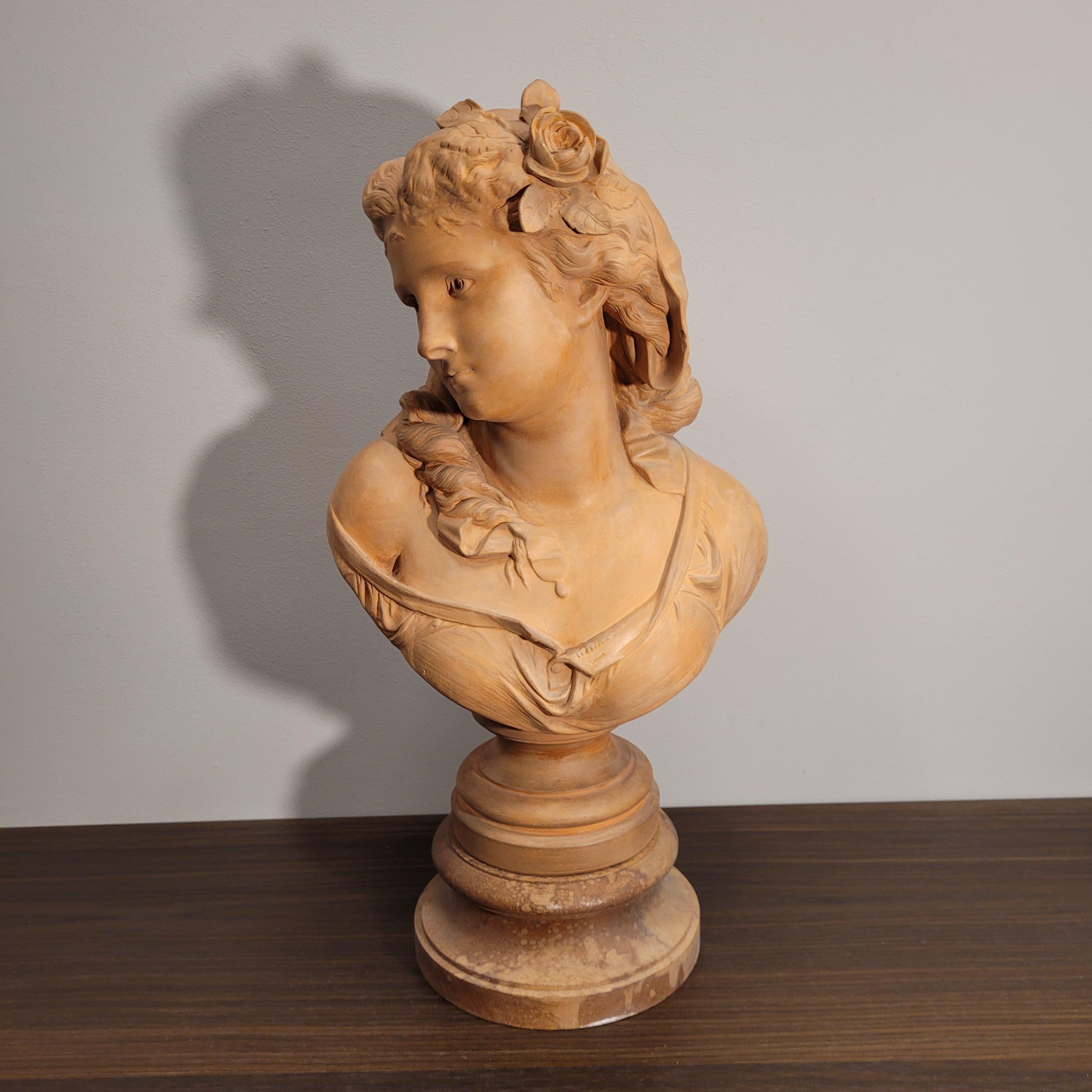 French Female bust”, terracotta, Albert-Ernest Carrier-Belleuse Signed In Good Condition In VALLADOLID, ES