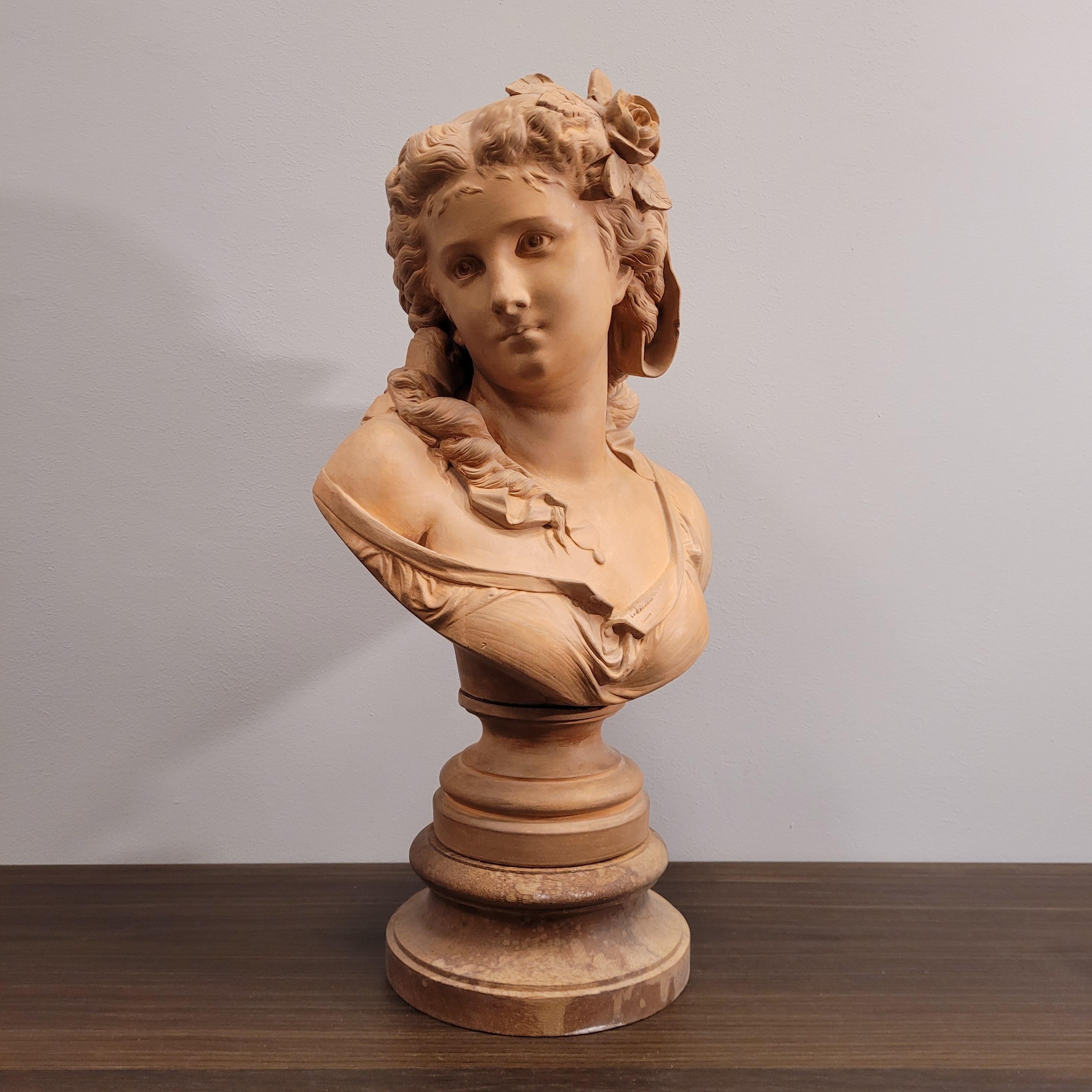 French Female bust”, terracotta, Albert-Ernest Carrier-Belleuse Signed 1