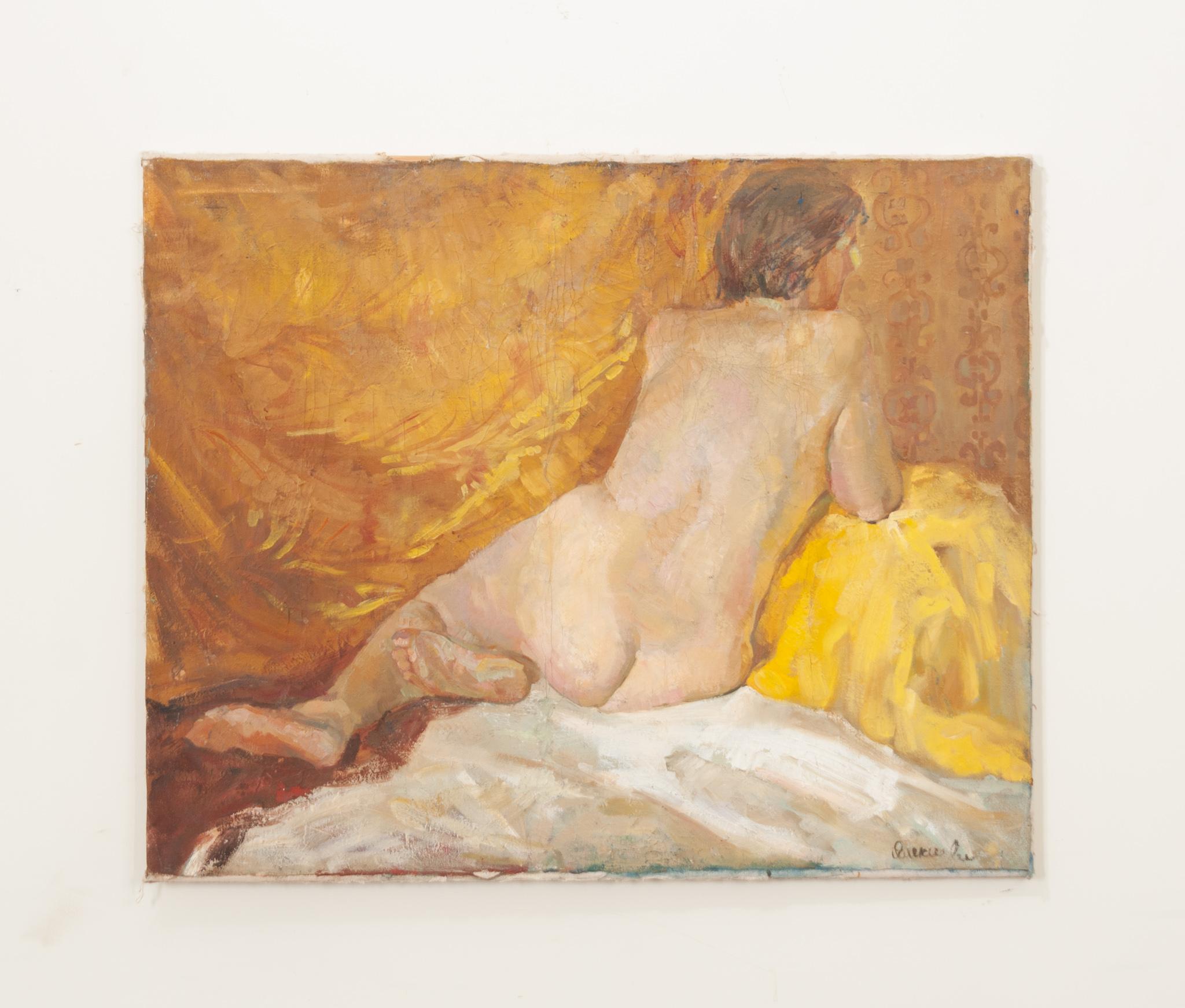 French brightly toned, female partial nude- oil on canvas painting. Signed by the artist in the bottom right hand corner. Make sure to view the detailed images to get a better view of the current condition.