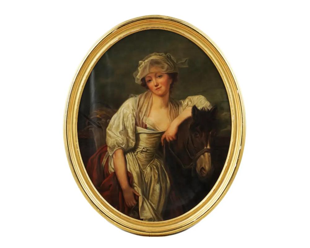 An antique 19th-centruy oval oil on canvas painting representing a peasant woman with a horse. After an artwork titled La Laitiere, The Dairy or The Milkmaid, by Jean-Baptiste Greuze, 1725 to 1805, a French Rococo painter. The original painting is