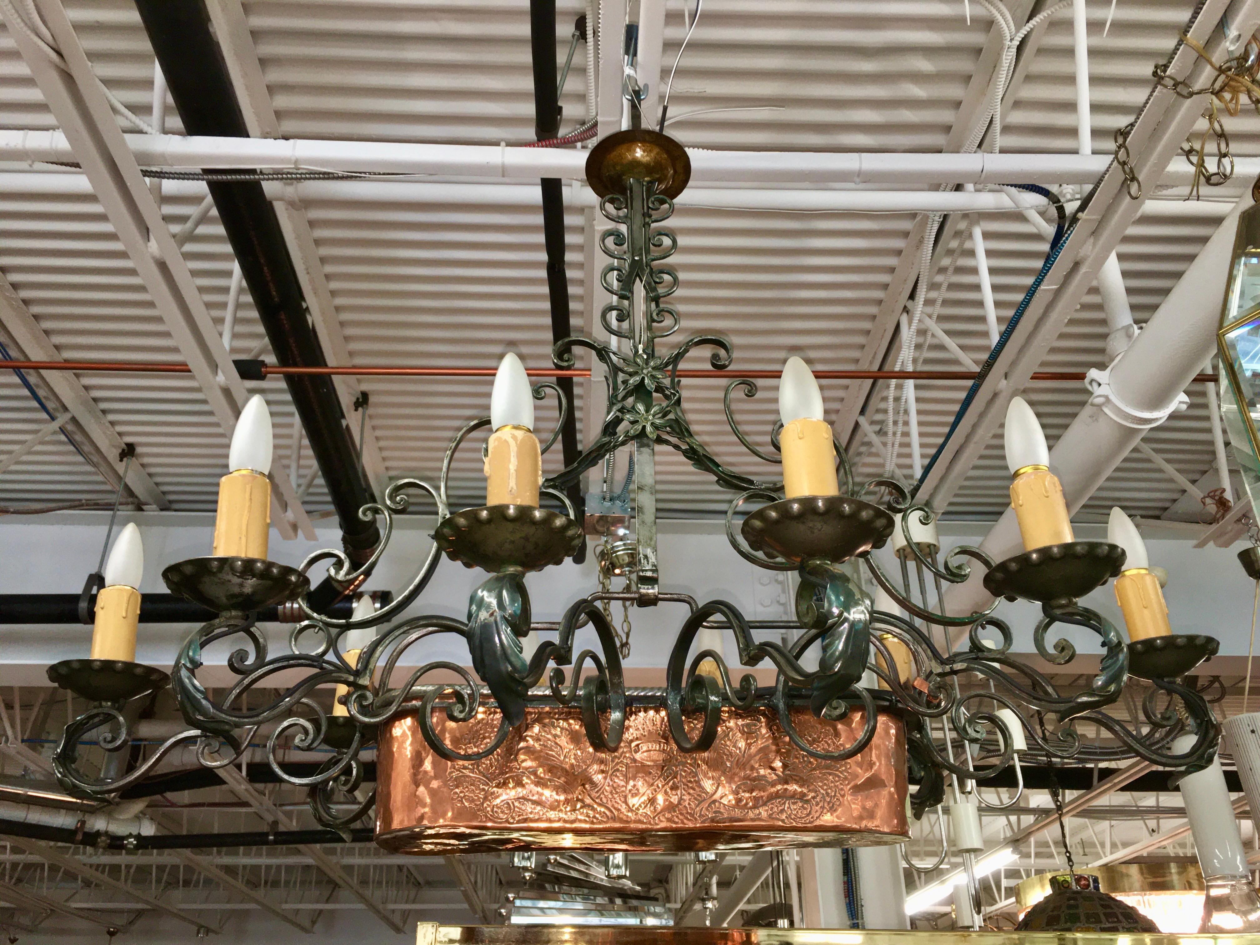 Wrought Iron French Fer Forge 10-Light Chandelier with Copper Jardinière