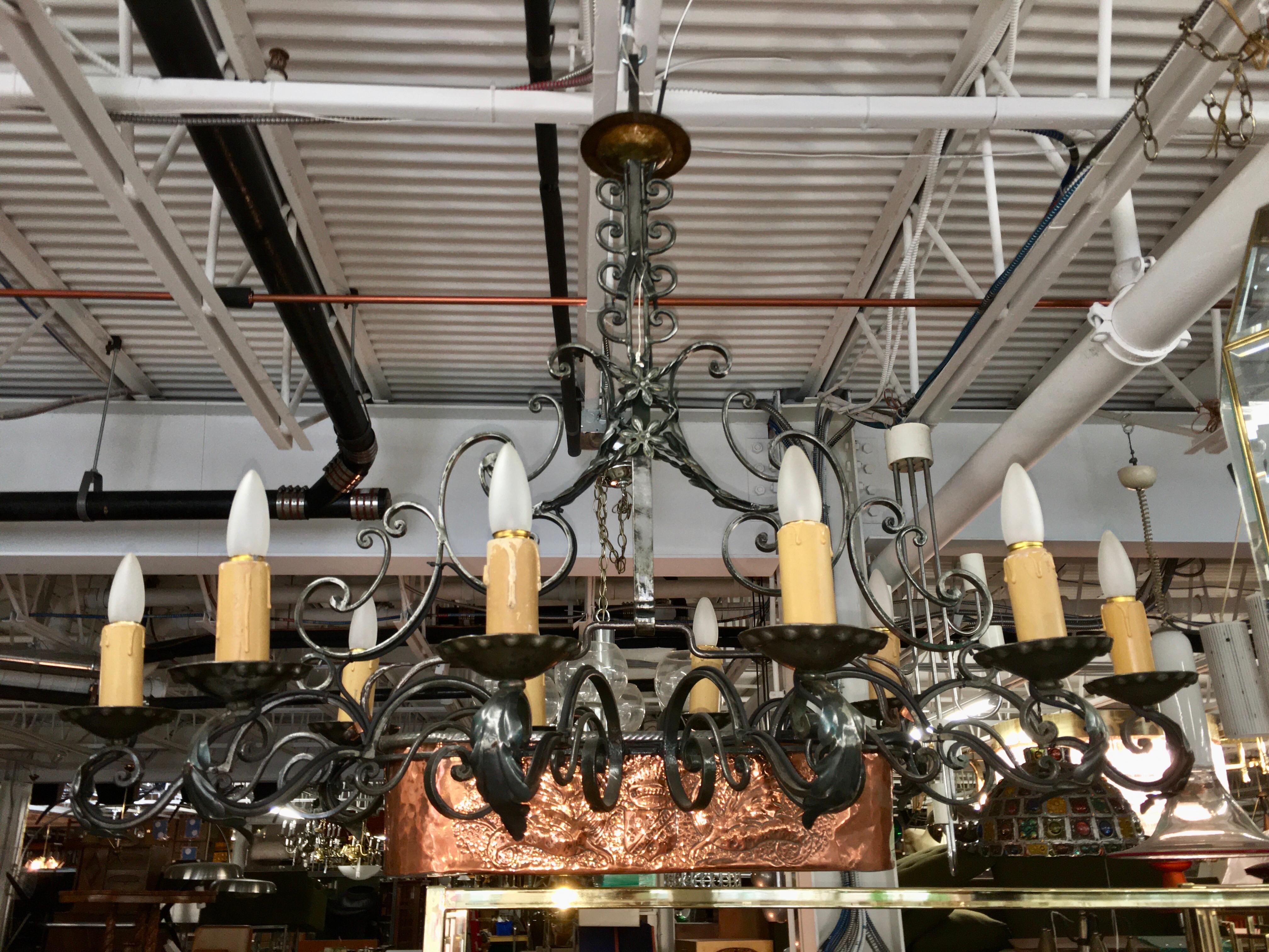 French Fer Forge 10-Light Chandelier with Copper Jardinière 1