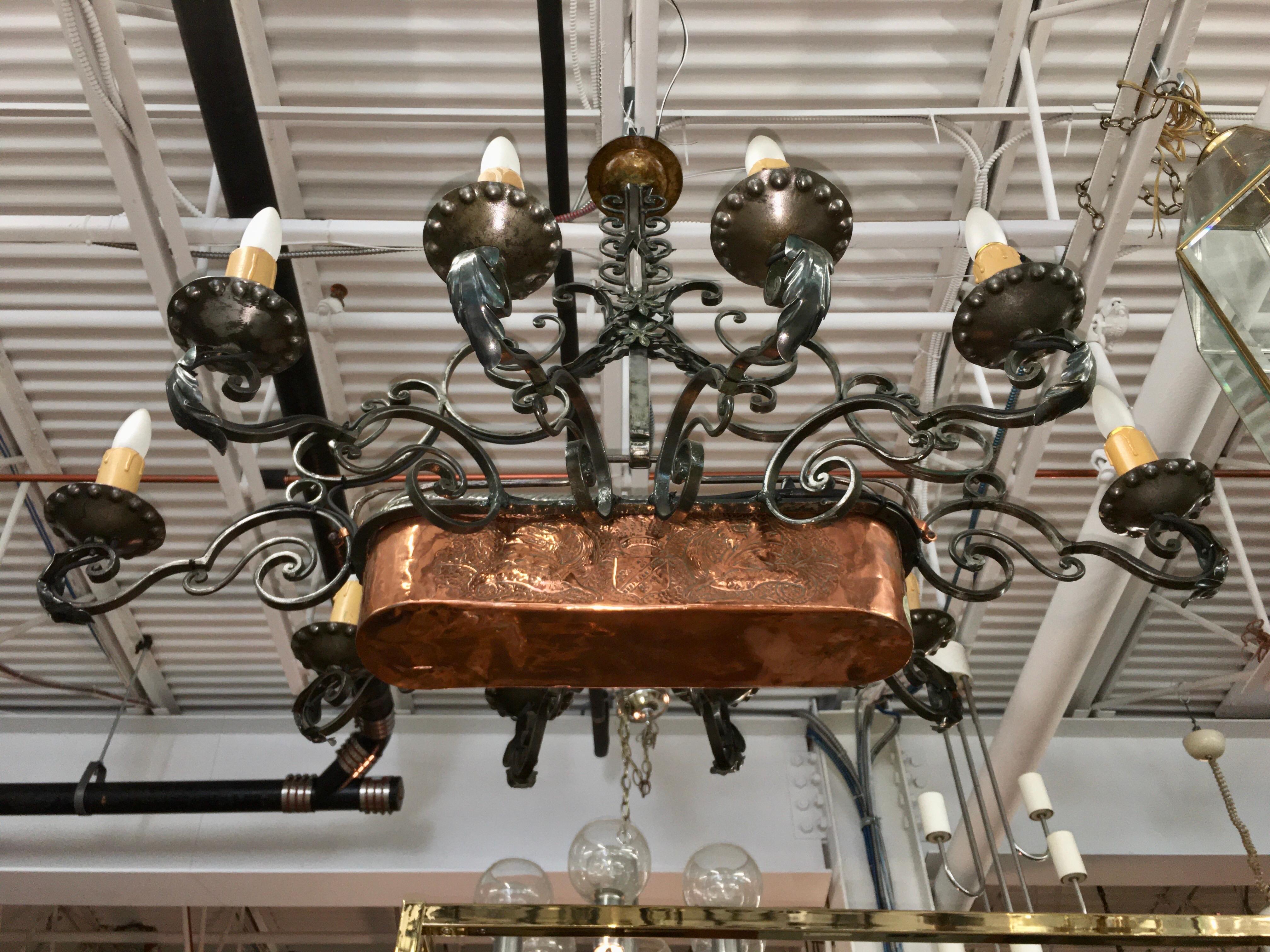 French Fer Forge 10-Light Chandelier with Copper Jardinière 2