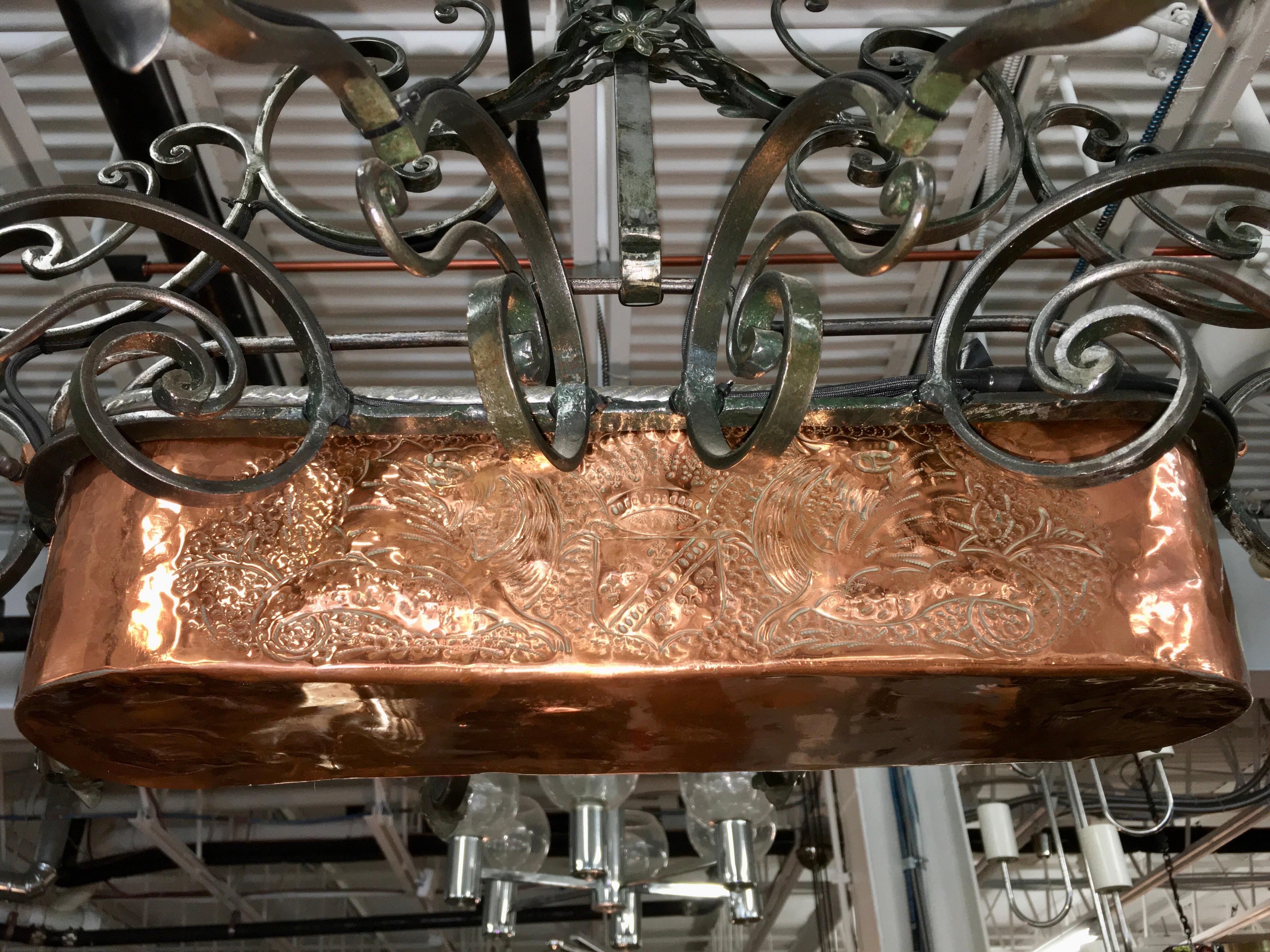 French Fer Forge 10-Light Chandelier with Copper Jardinière 3