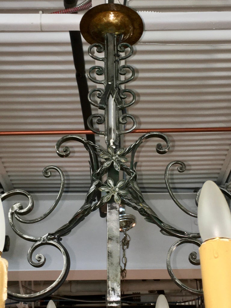 French Fer Forge 10-Light Chandelier with Copper Jardinière at 1stDibs