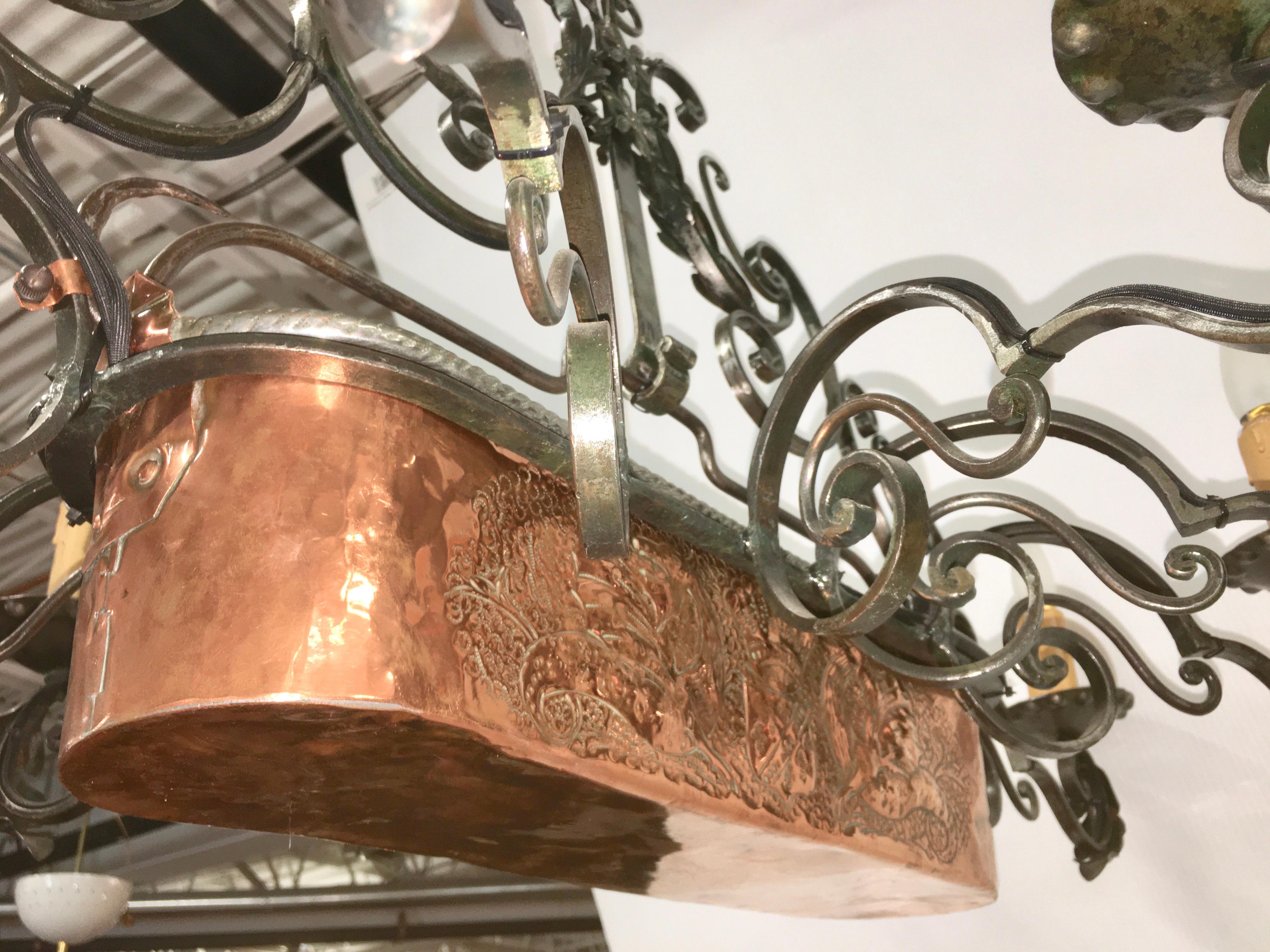 Hammered French Fer Forge 10-Light Chandelier with Copper Jardinière