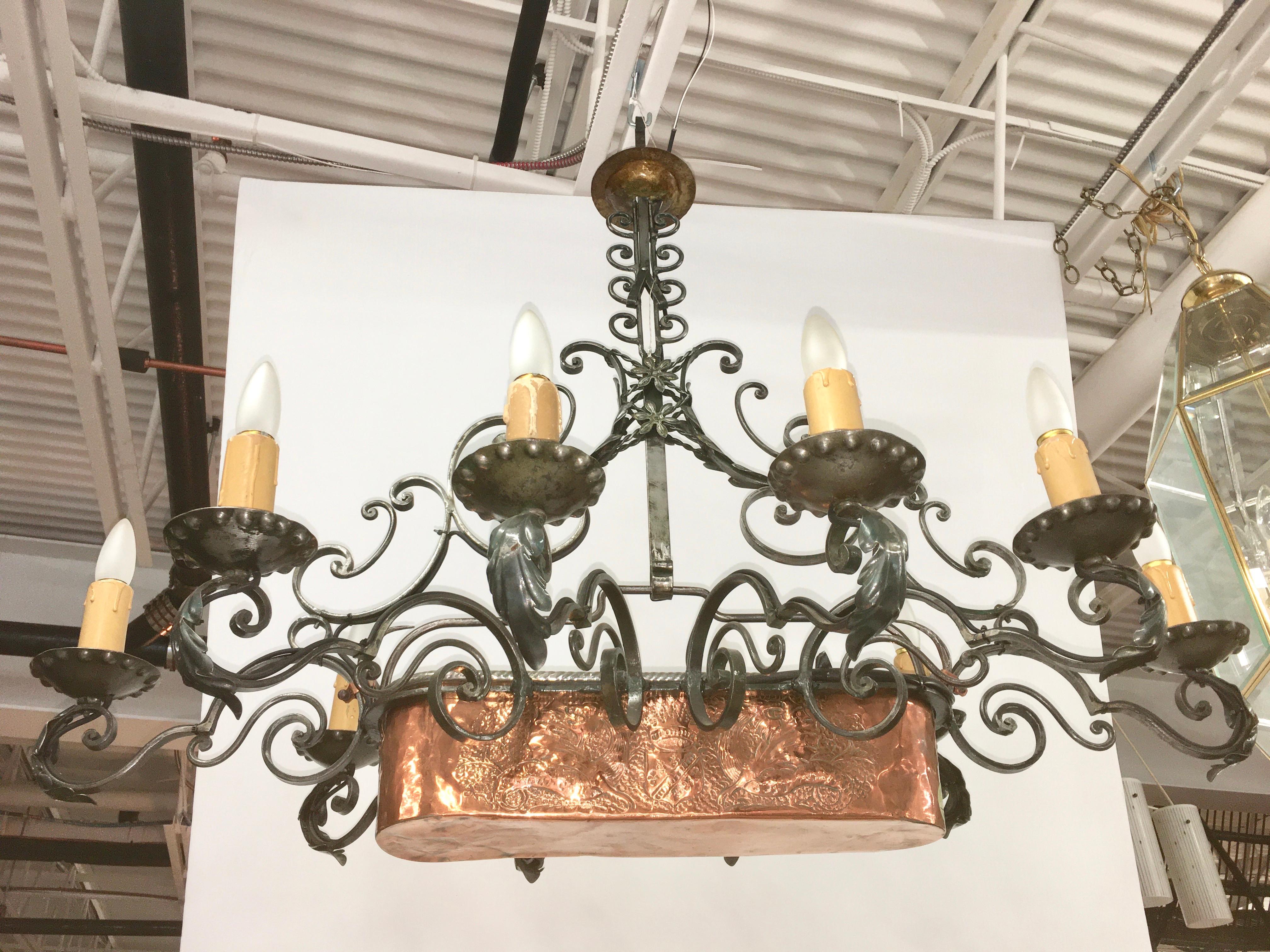 20th Century French Fer Forge 10-Light Chandelier with Copper Jardinière