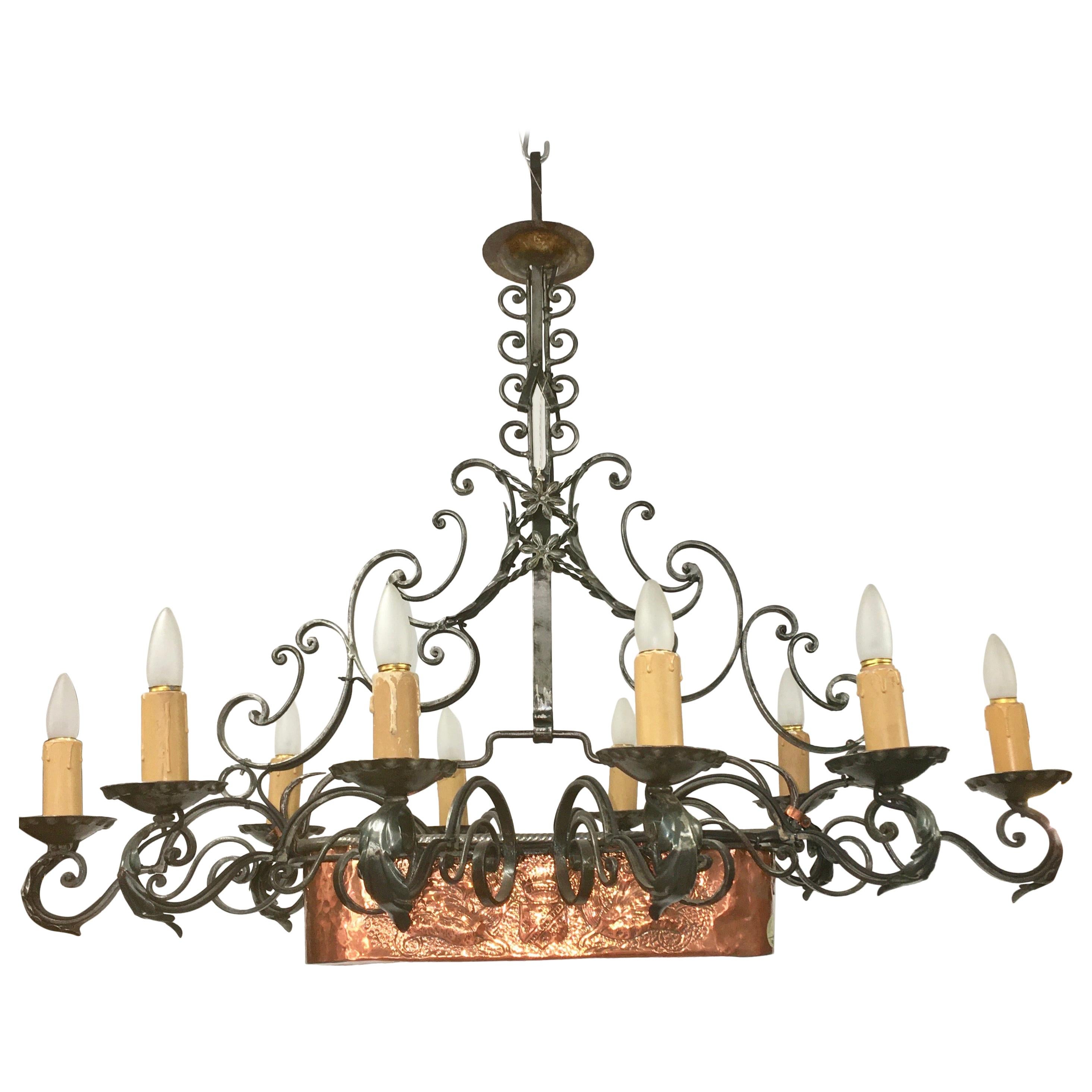 French Fer Forge 10-Light Chandelier with Copper Jardinière