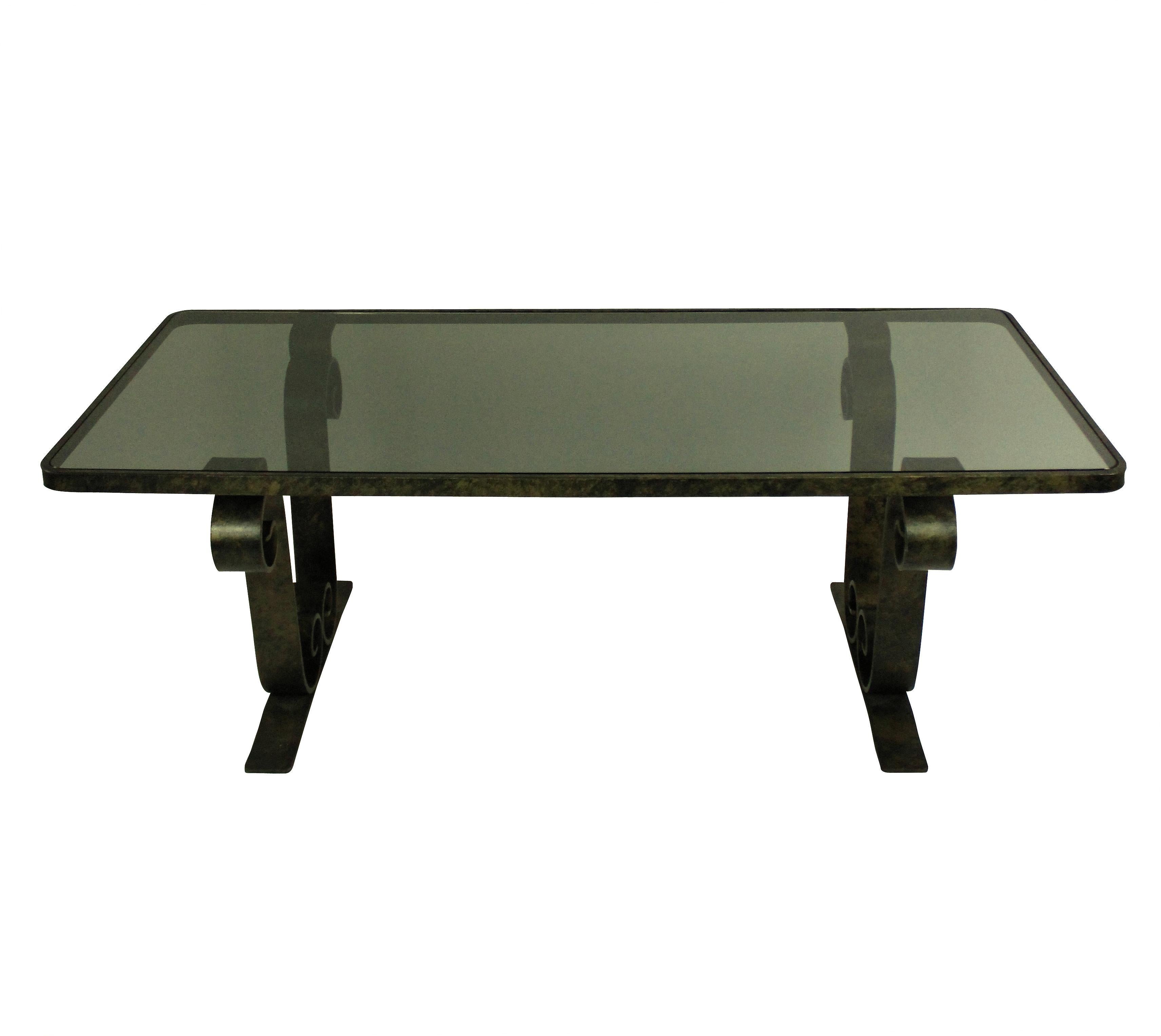 French Fer Forge Scroll End Occasional Table with a Smoked Glass Top For Sale 1
