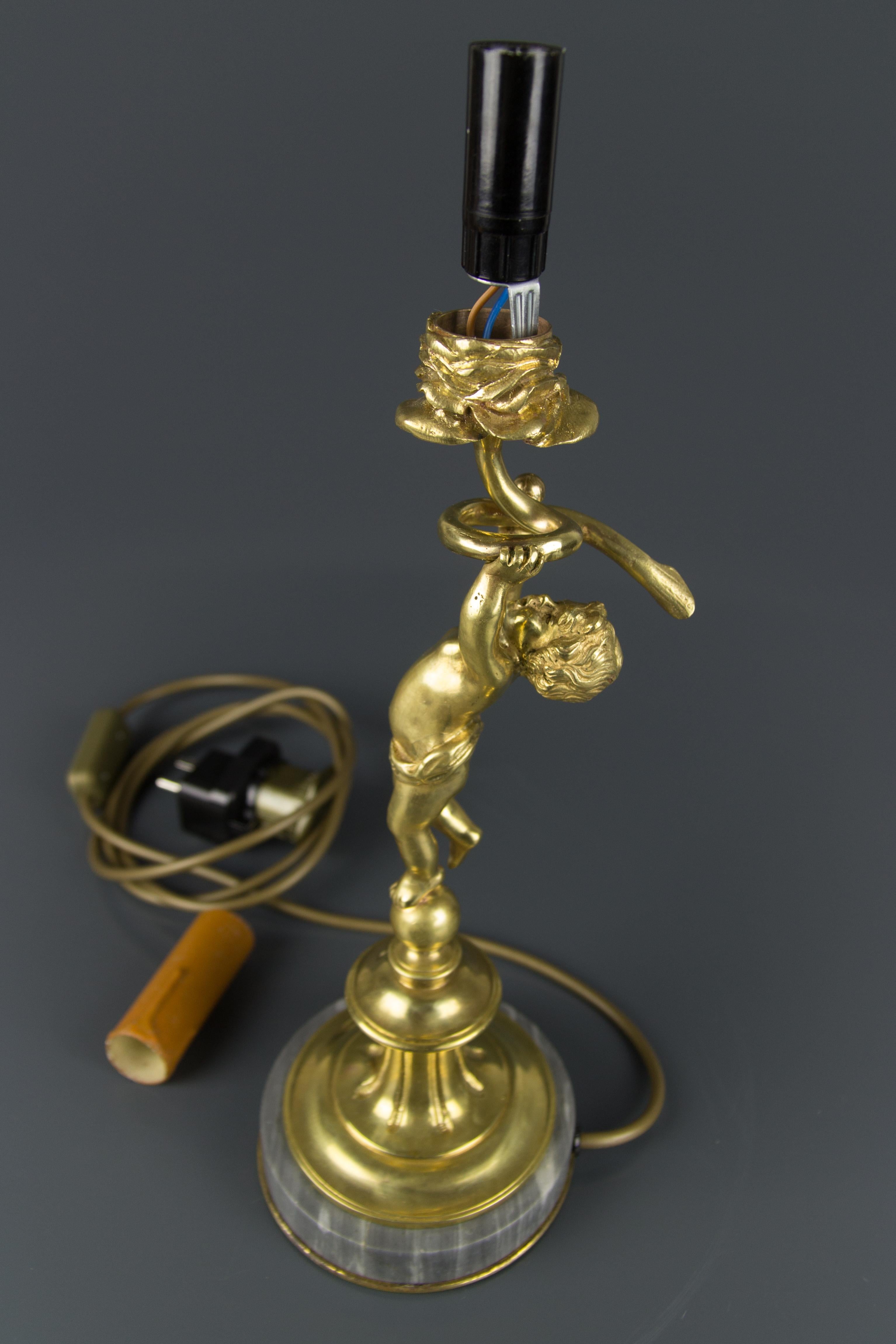 French Figural Bronze and Marble Cherub Table Lamp, 1920s For Sale 8
