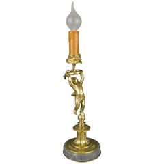 Lampe de table chérubin figurative française en bronze et marbre, années 1920