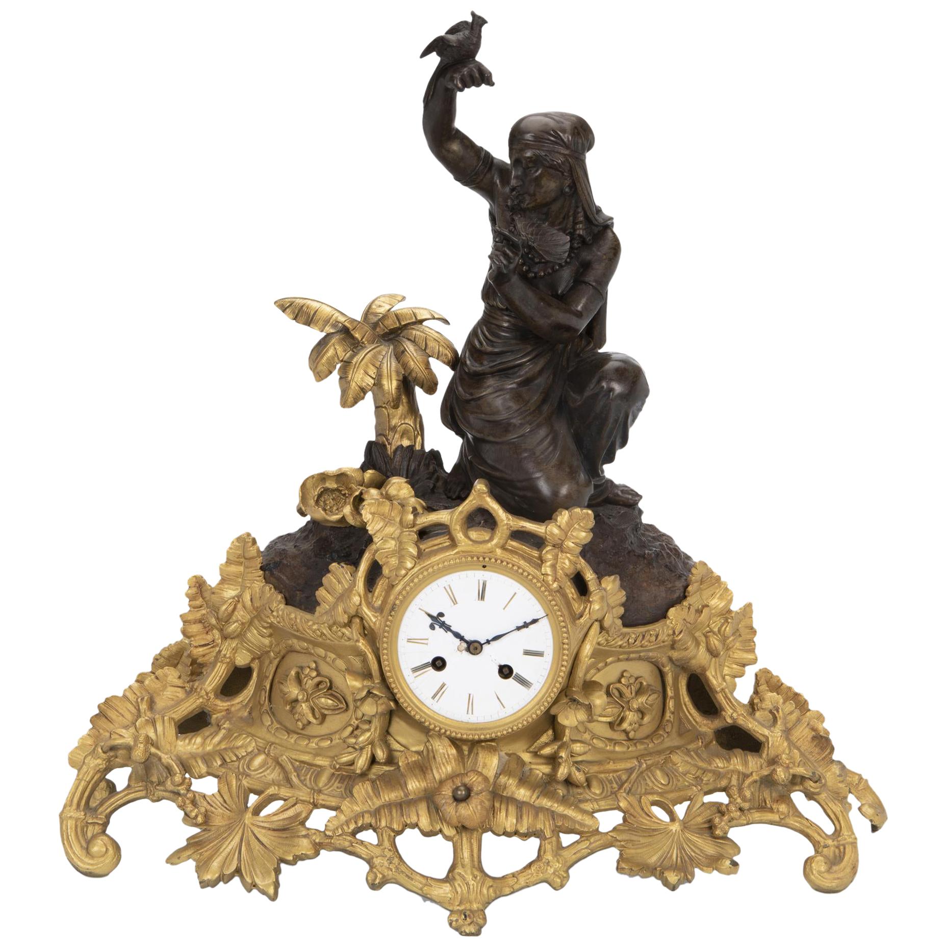 French Figural Bronze Clock, Louis Sauvageau For Sale