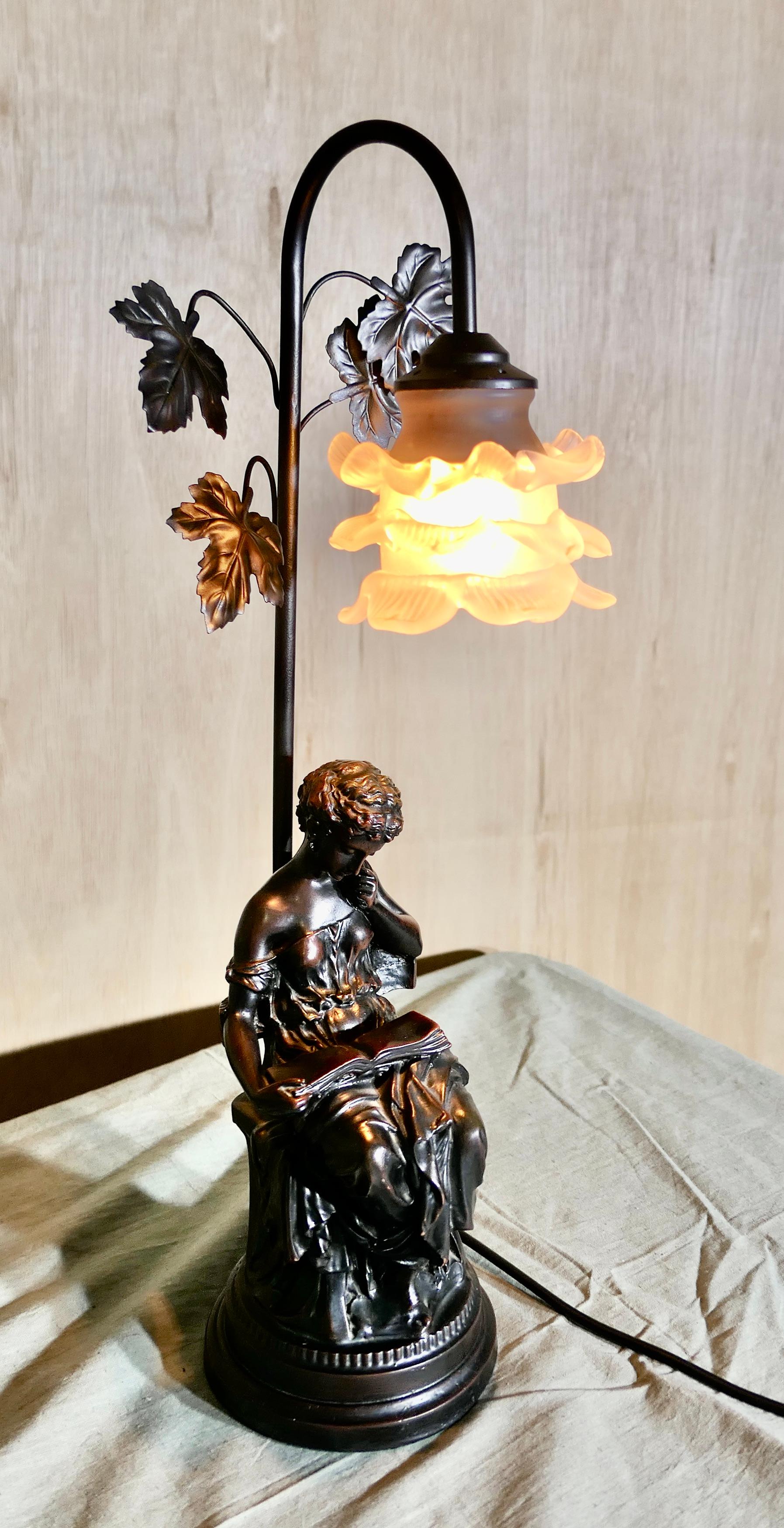 Lampe en bronze figurative française avec une dame lisant

Cette charmante pièce a une bonne couleur, la belle dame est assise sous l'abat-jour en forme de fleur pour éclairer son livre
La lampe est en bon état, elle est faite de métal et de