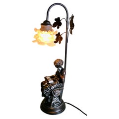 Vintage French Figural Bronze Lamp with a Lady Reading  This is a charming piece