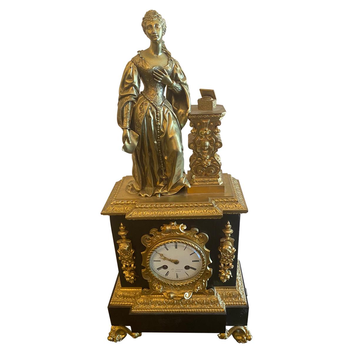 French Figural Bronze Pandora Mantel Shelf Clock For Sale