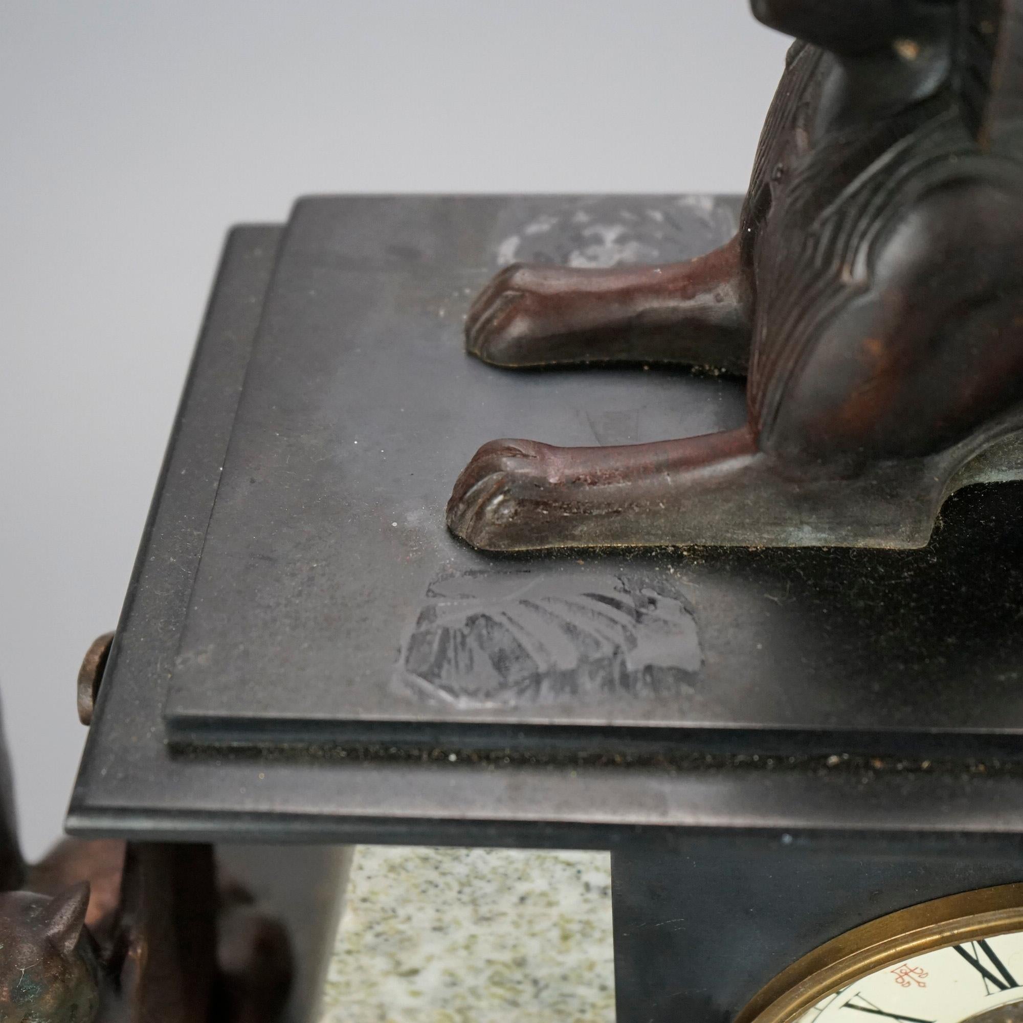 French Figural Egyptian Revival Sphinx Bronze & Slate Mantle Clock 20th C 7