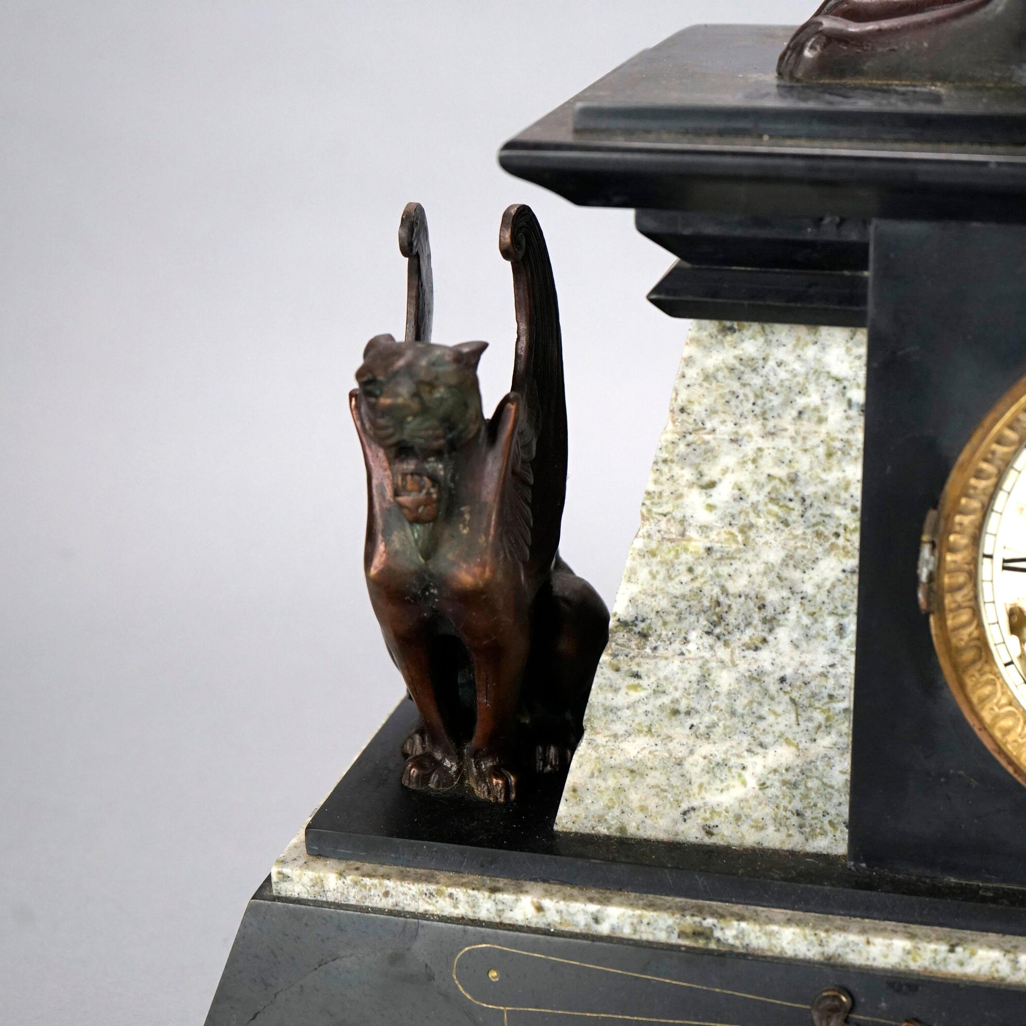 French Figural Egyptian Revival Sphinx Bronze & Slate Mantle Clock 20th C 8
