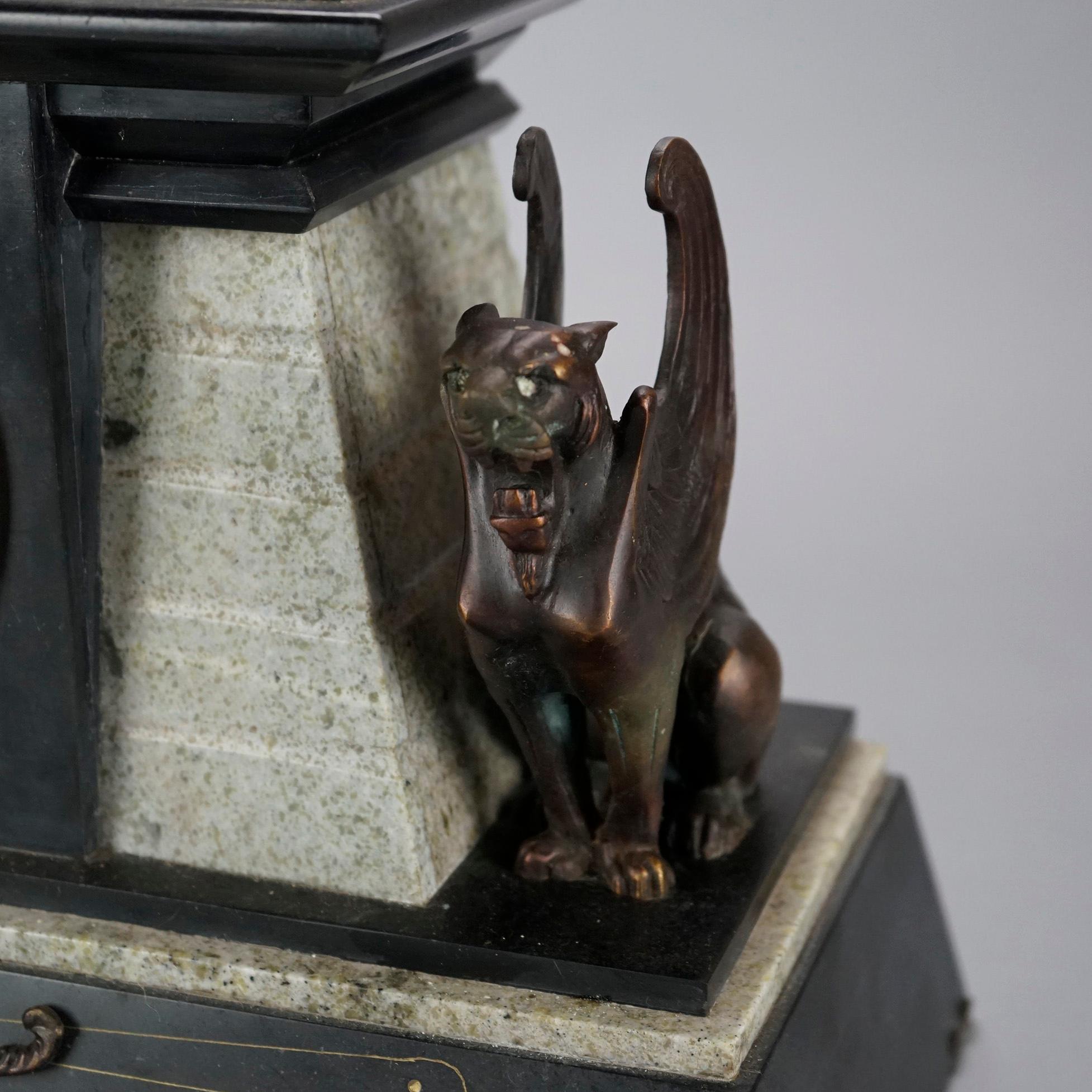 French Figural Egyptian Revival Sphinx Bronze & Slate Mantle Clock 20th C 10