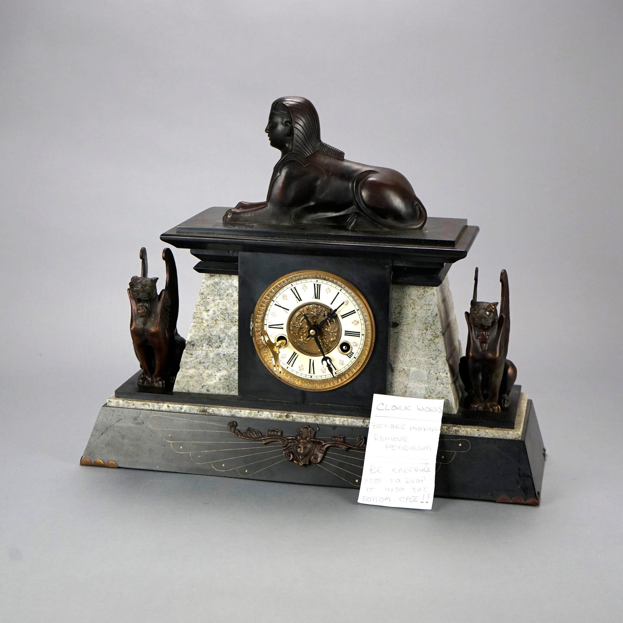 French Figural Egyptian Revival Sphinx Bronze & Slate Mantle Clock 20th C In Good Condition In Big Flats, NY