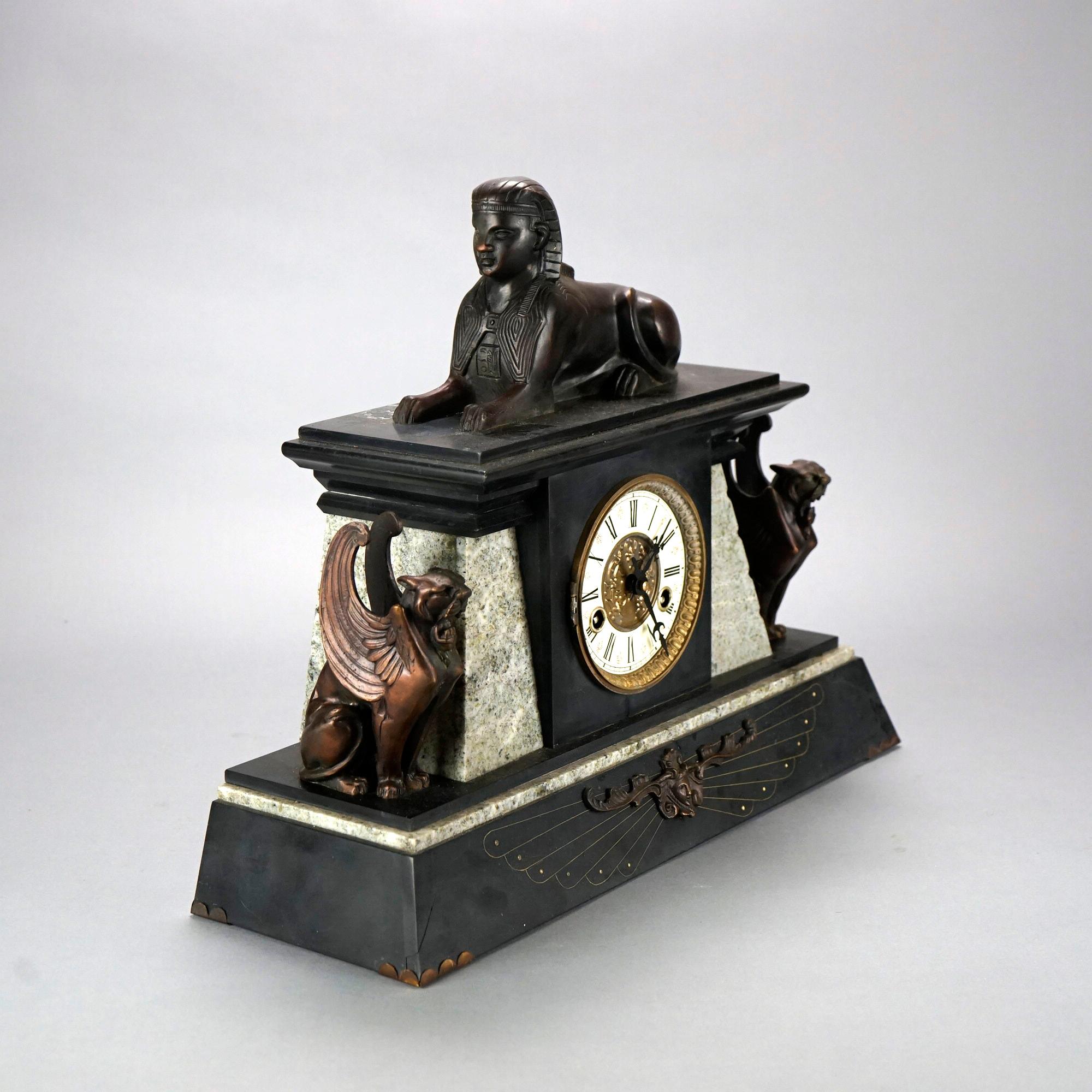 French Figural Egyptian Revival Sphinx Bronze & Slate Mantle Clock 20th C 2