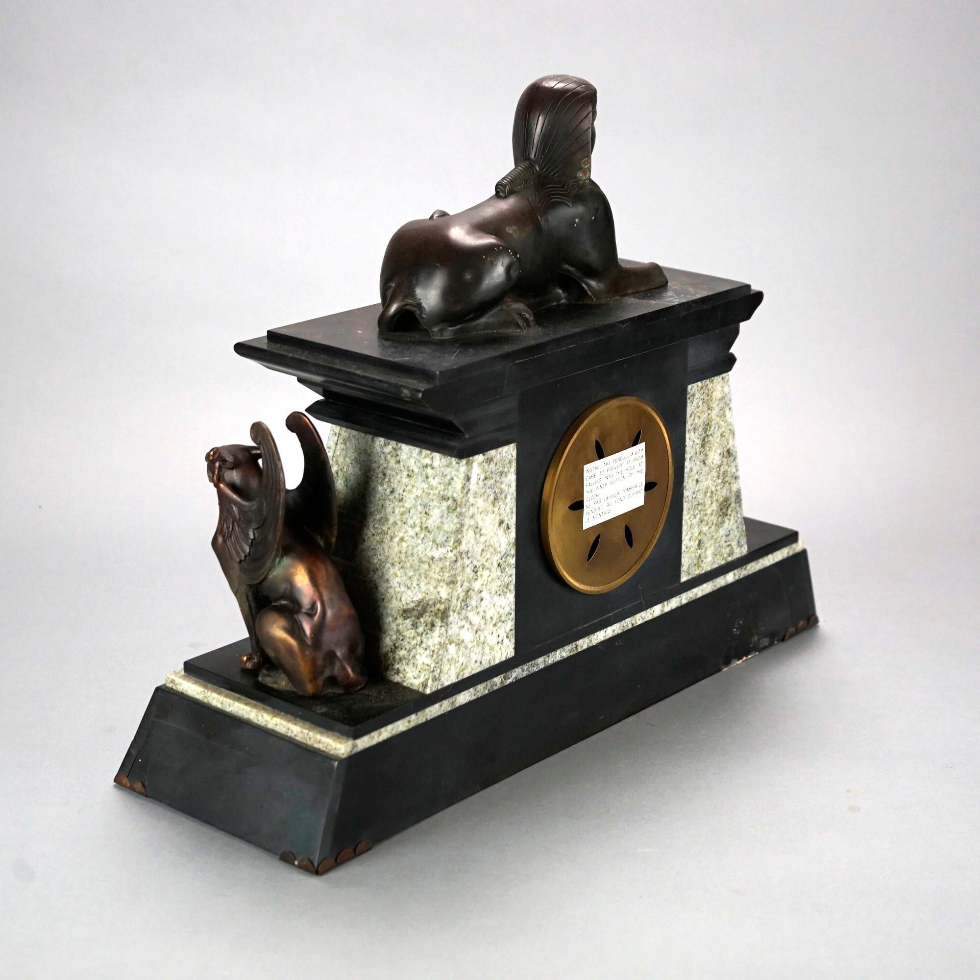 French Figural Egyptian Revival Sphinx Bronze & Slate Mantle Clock 20th C 4