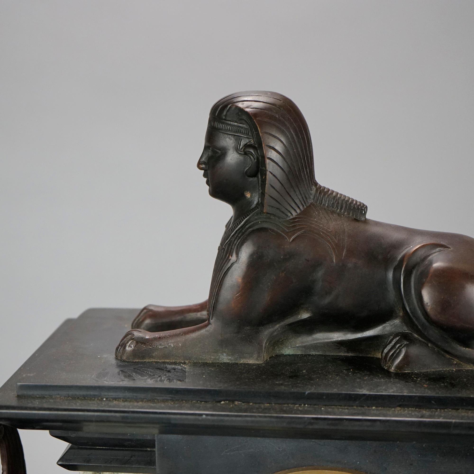 French Figural Egyptian Revival Sphinx Bronze & Slate Mantle Clock 20th C 5