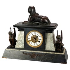 French Figural Egyptian Revival Sphinx Bronze & Slate Mantle Clock 20th C