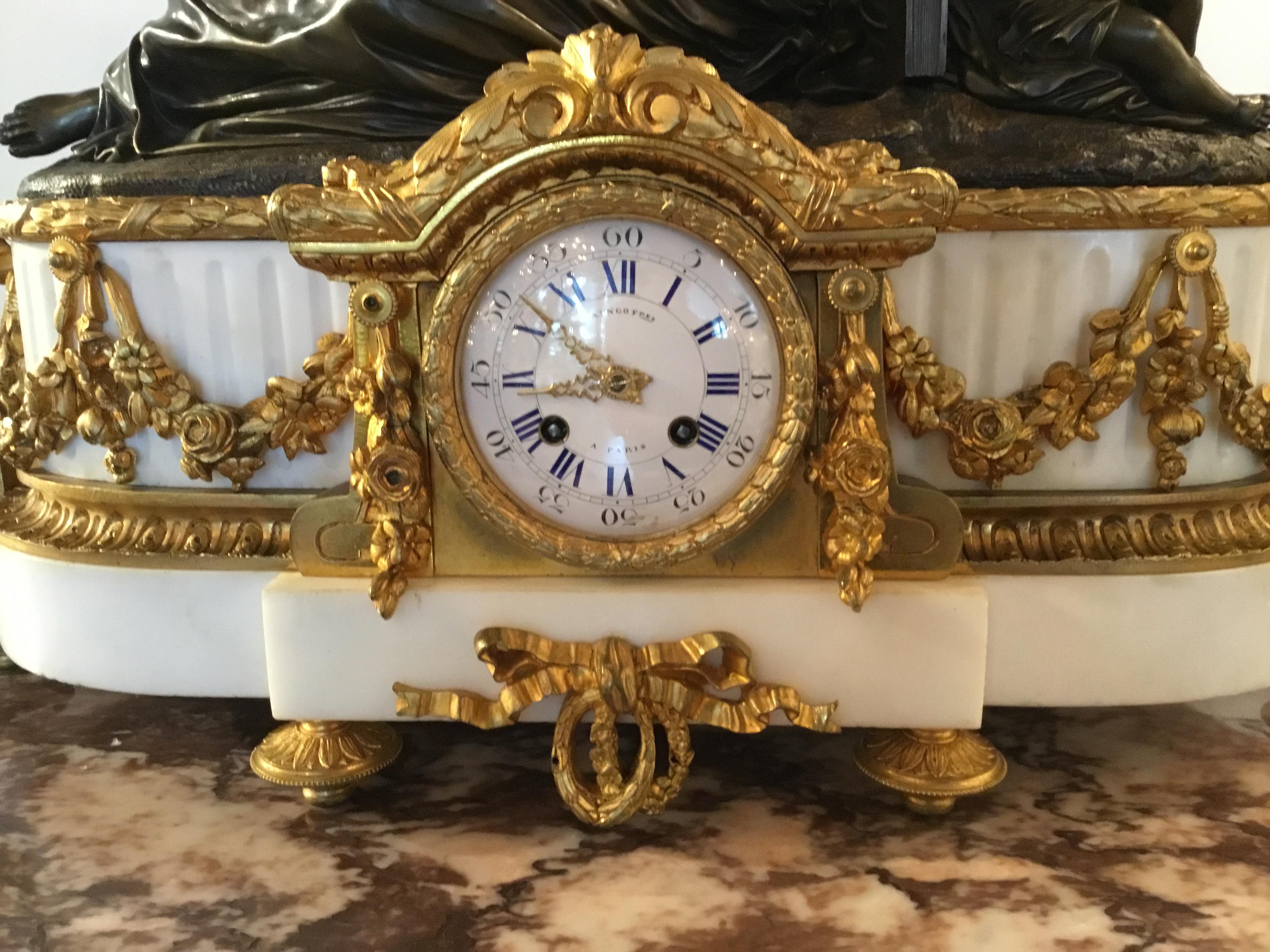 French Figural Gilt Bronze, Patinated Bronze, White Marble 19th Century Clock For Sale 1