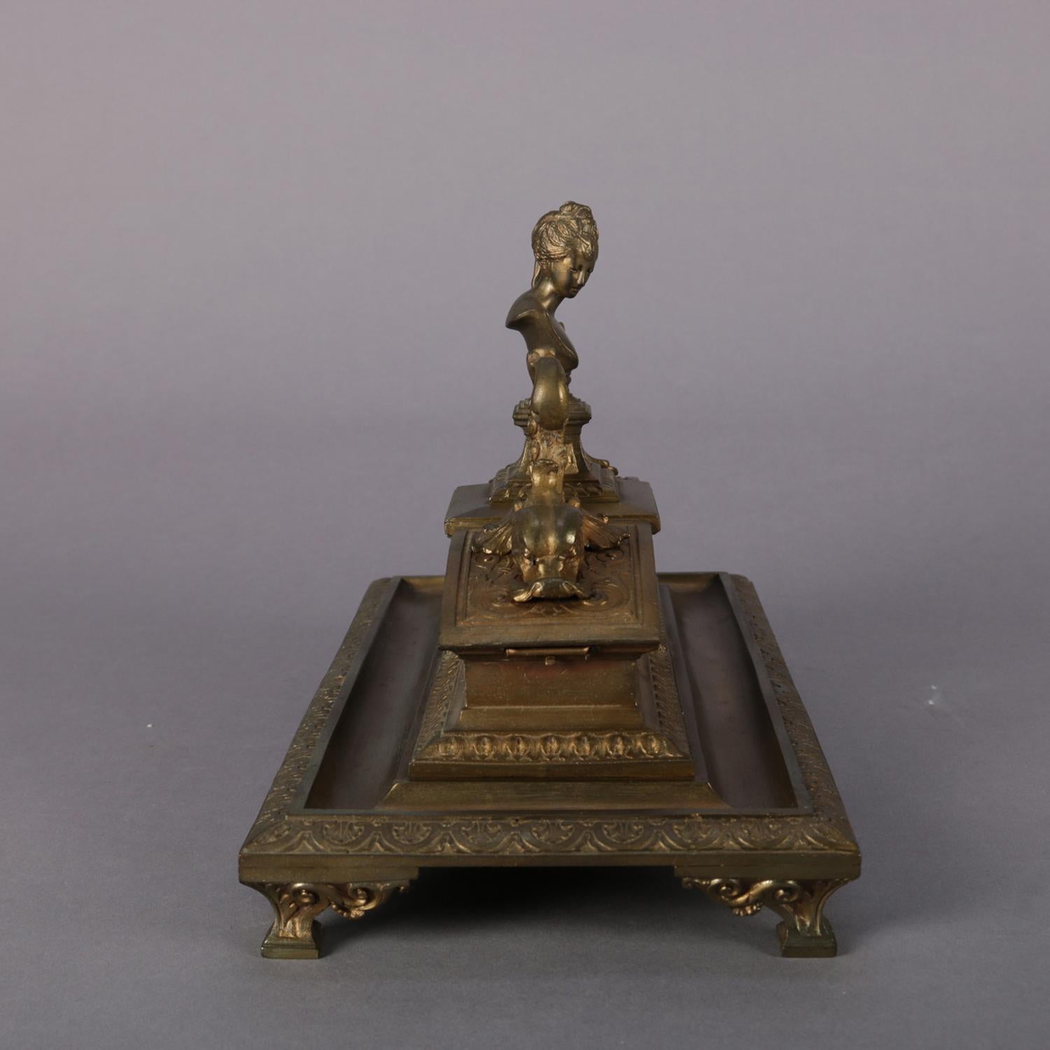 French Figural Marie Antoinette & Dolphin Bronzed Metal Inkwell, 19th Century 8