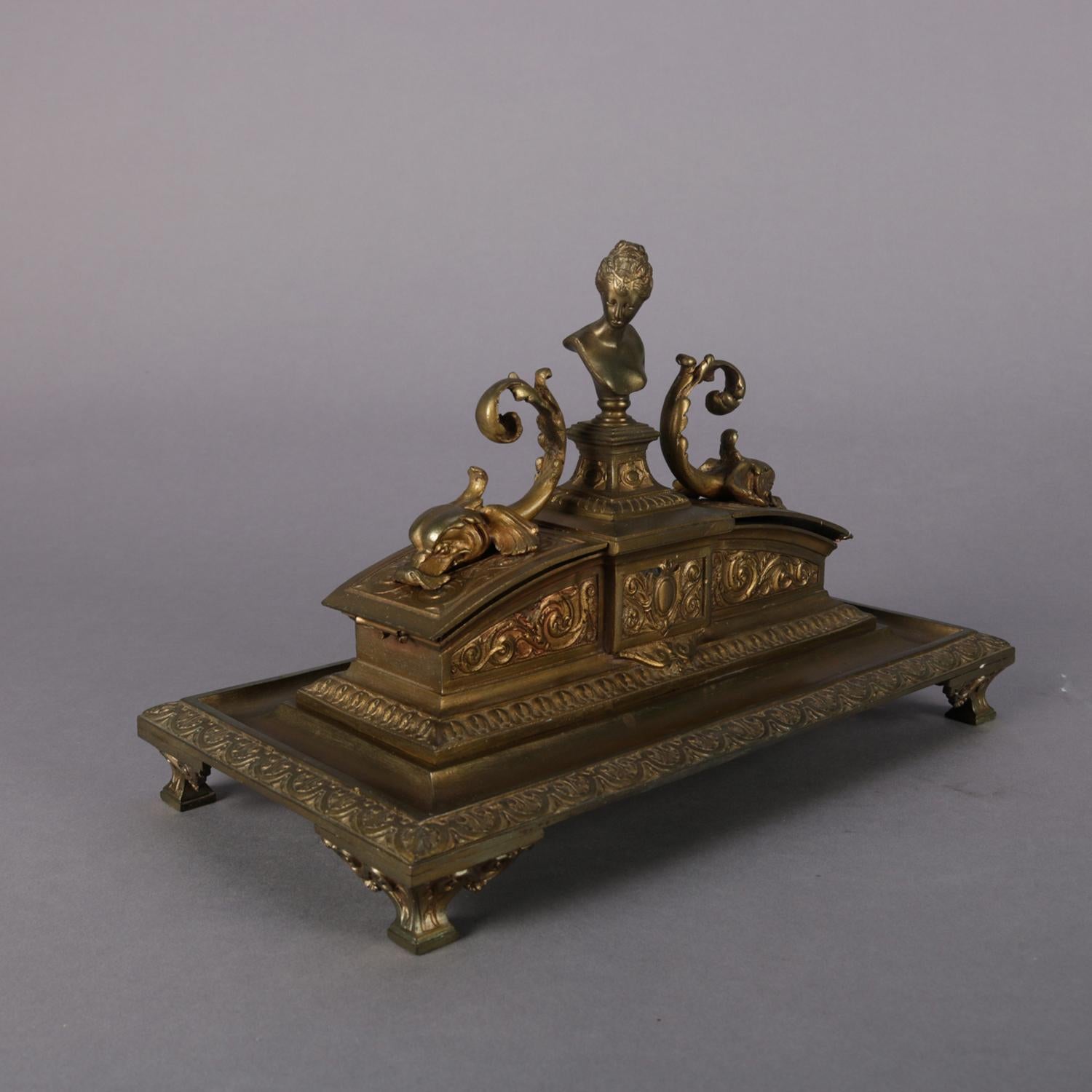 French Figural Marie Antoinette & Dolphin Bronzed Metal Inkwell, 19th Century 9