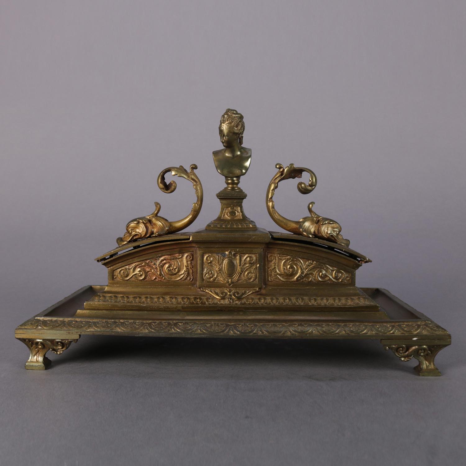 French Figural Marie Antoinette & Dolphin Bronzed Metal Inkwell, 19th Century In Good Condition In Big Flats, NY