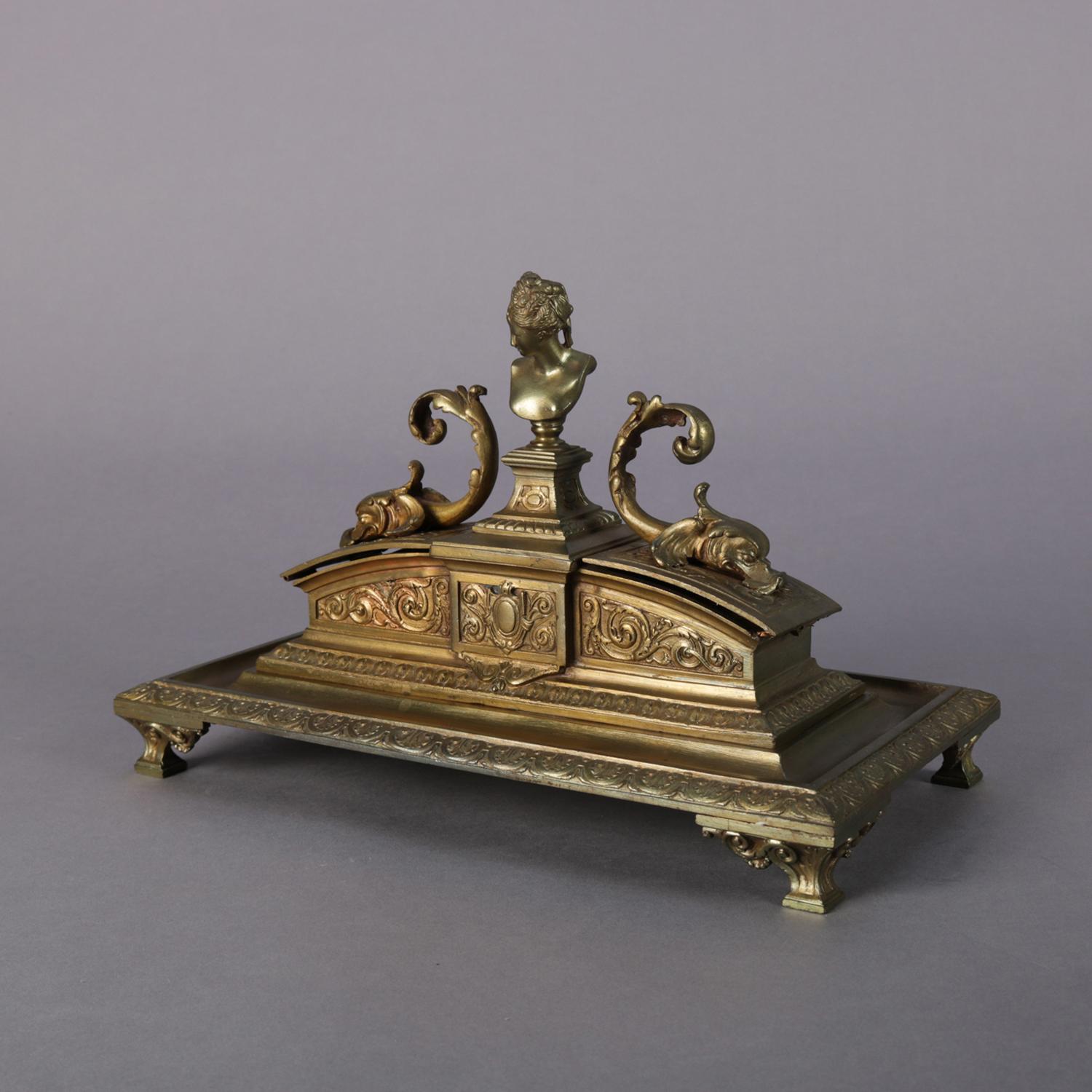 French Figural Marie Antoinette & Dolphin Bronzed Metal Inkwell, 19th Century 2