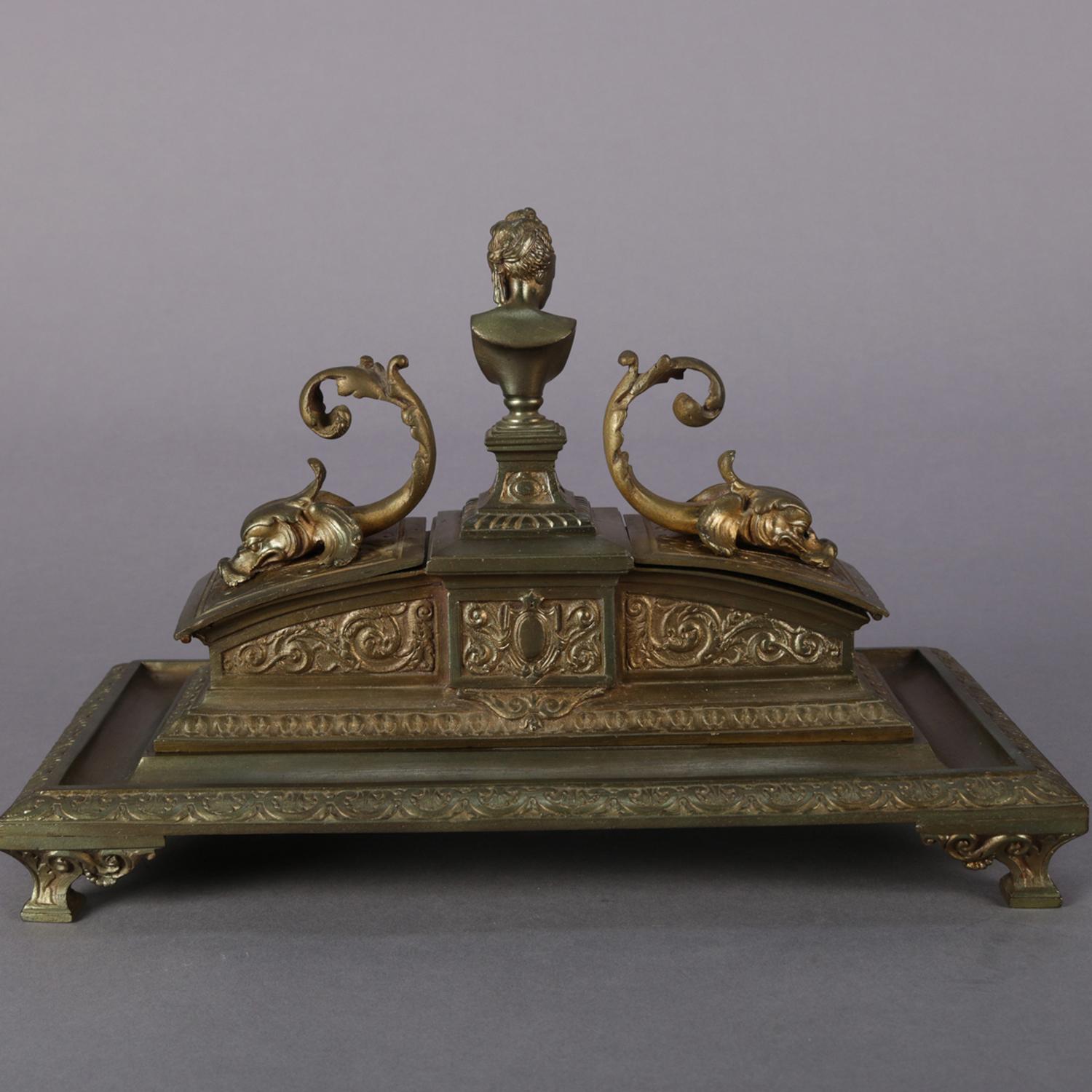 French Figural Marie Antoinette & Dolphin Bronzed Metal Inkwell, 19th Century 3