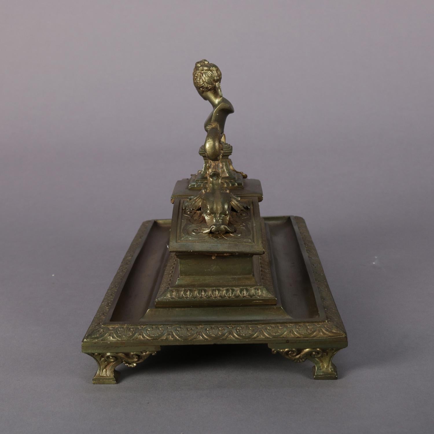French Figural Marie Antoinette & Dolphin Bronzed Metal Inkwell, 19th Century 4
