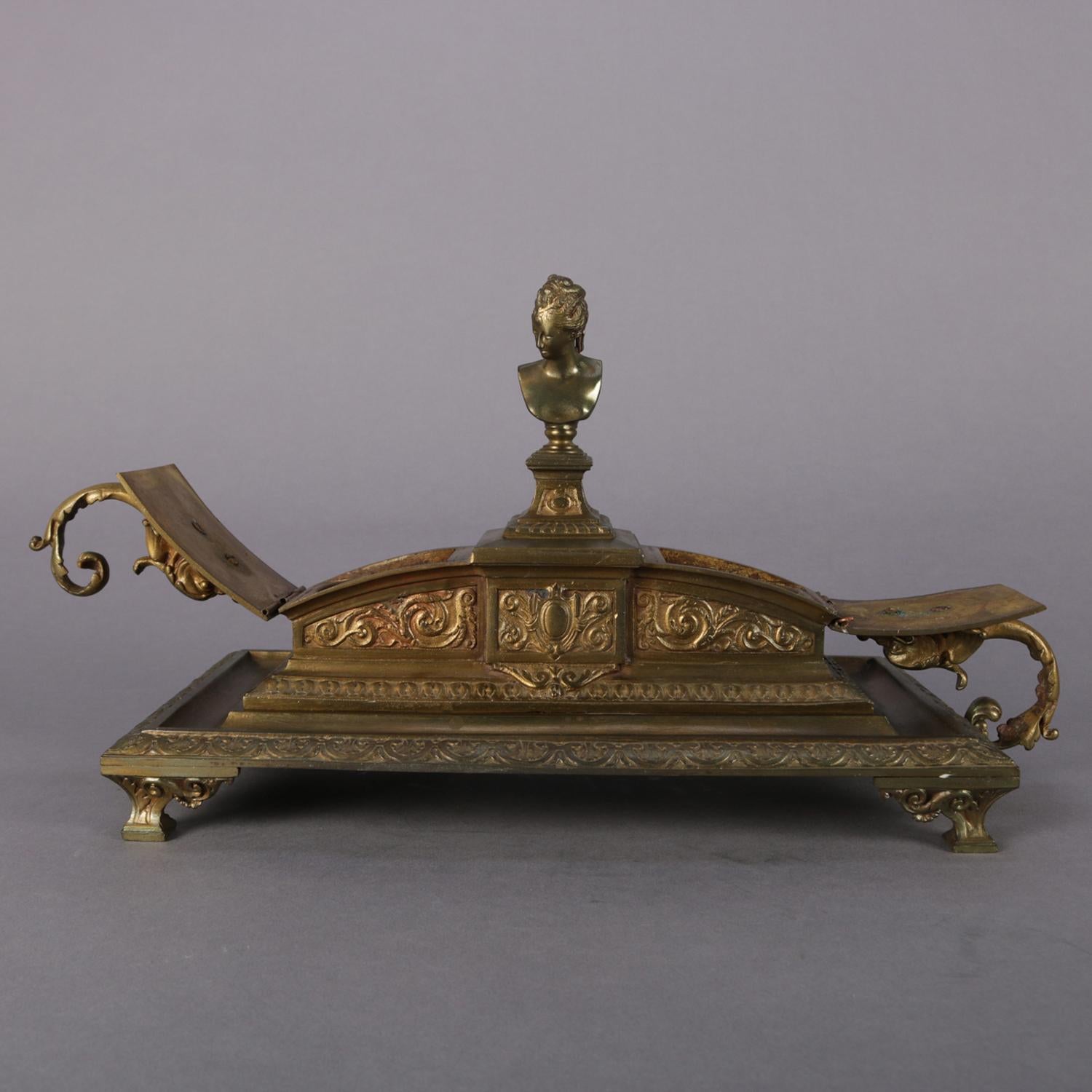 French Figural Marie Antoinette & Dolphin Bronzed Metal Inkwell, 19th Century 5