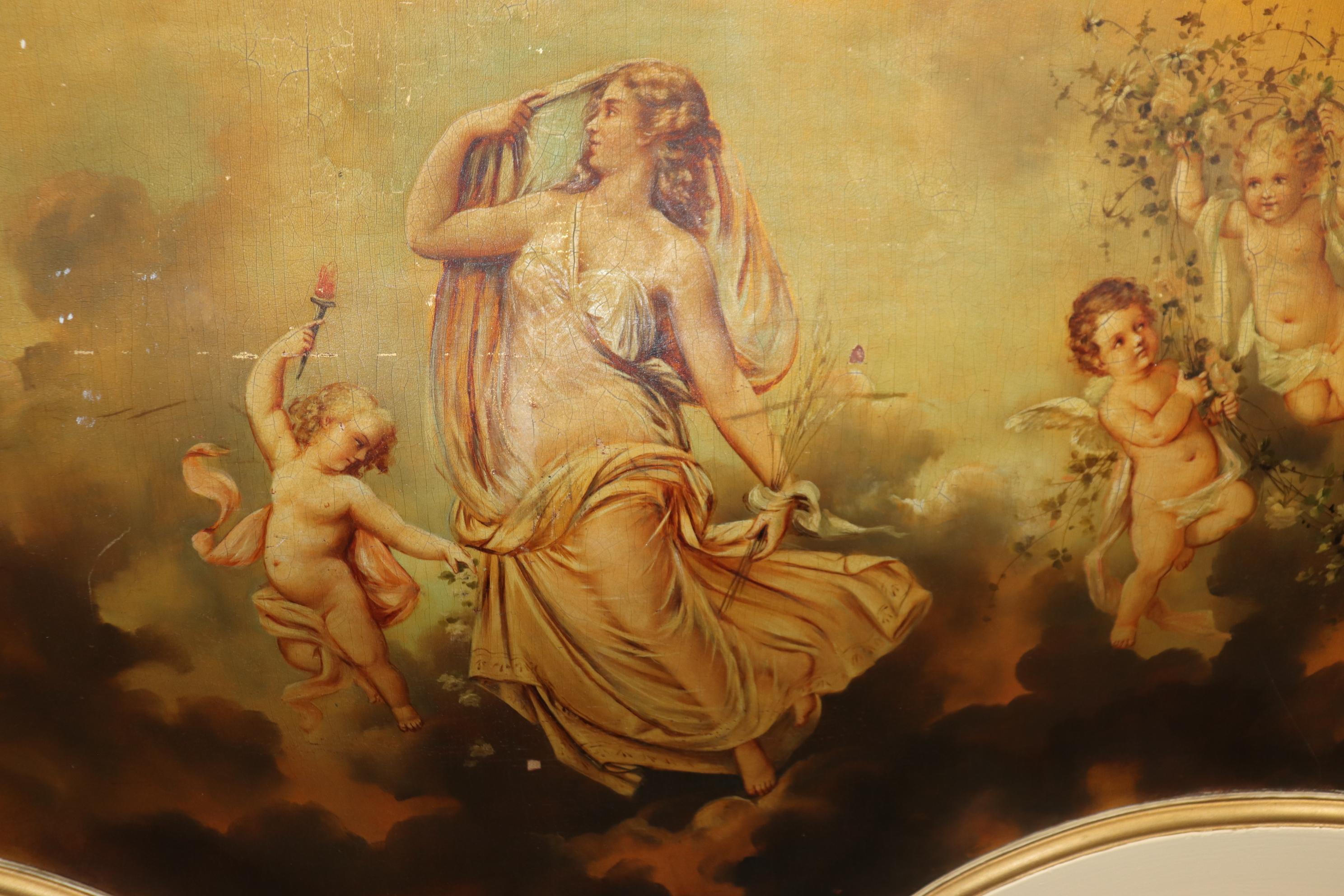 The queen size bed is transitional towards Art Nouveau. The incredible painted and carved cherub and putti themes are superbly done. The piece is part of an entire bedroom set including a ladies vanity, a dresser with mirror and a vanity stool. All