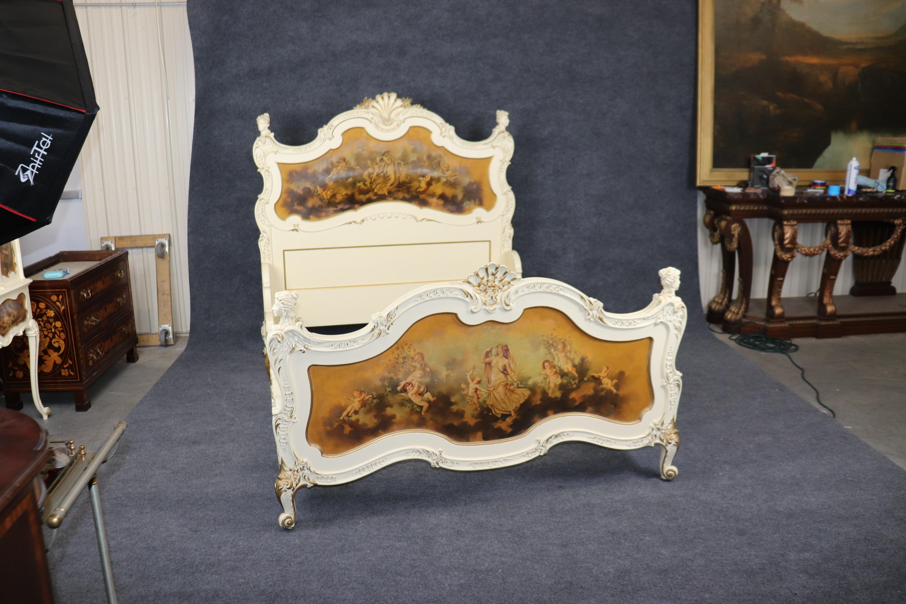 Walnut French Figural Painted French Louis XV to Art Nouveau Queen Size Bed Frame