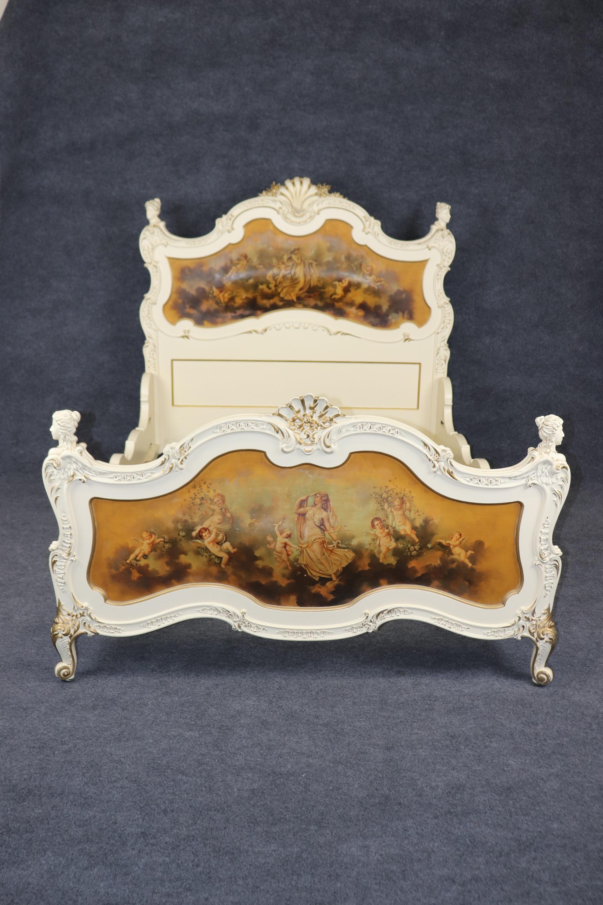 French Figural Painted French Louis XV to Art Nouveau Queen Size Bed Frame 1