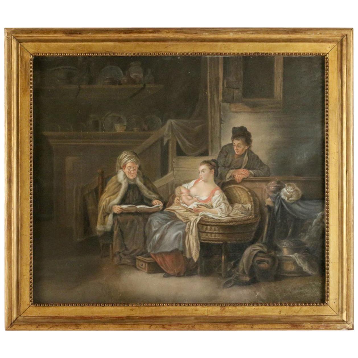 French Figurative School, Pastel Happy "Motherhood in Russia", circa 1790-1810 For Sale