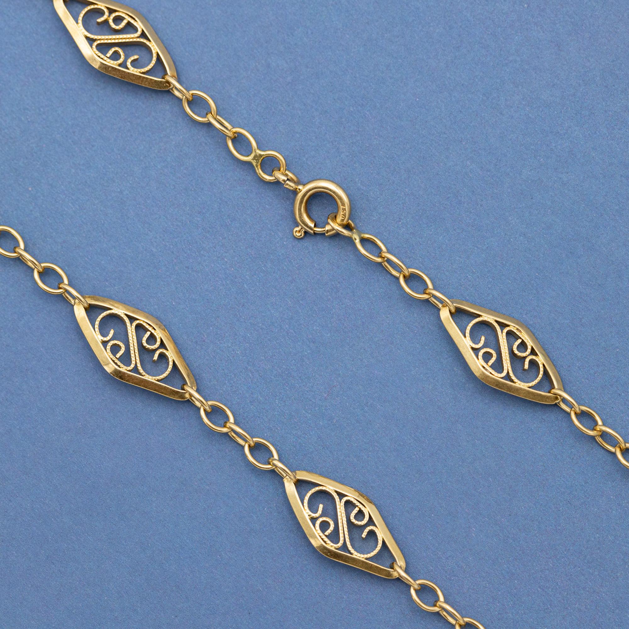 Filigranes französisches Sautoir, 18 Karat massives Gold Vintage Kette Halskette, 50,5 cm - 15,1gr im Zustand „Gut“ im Angebot in Antwerp, BE
