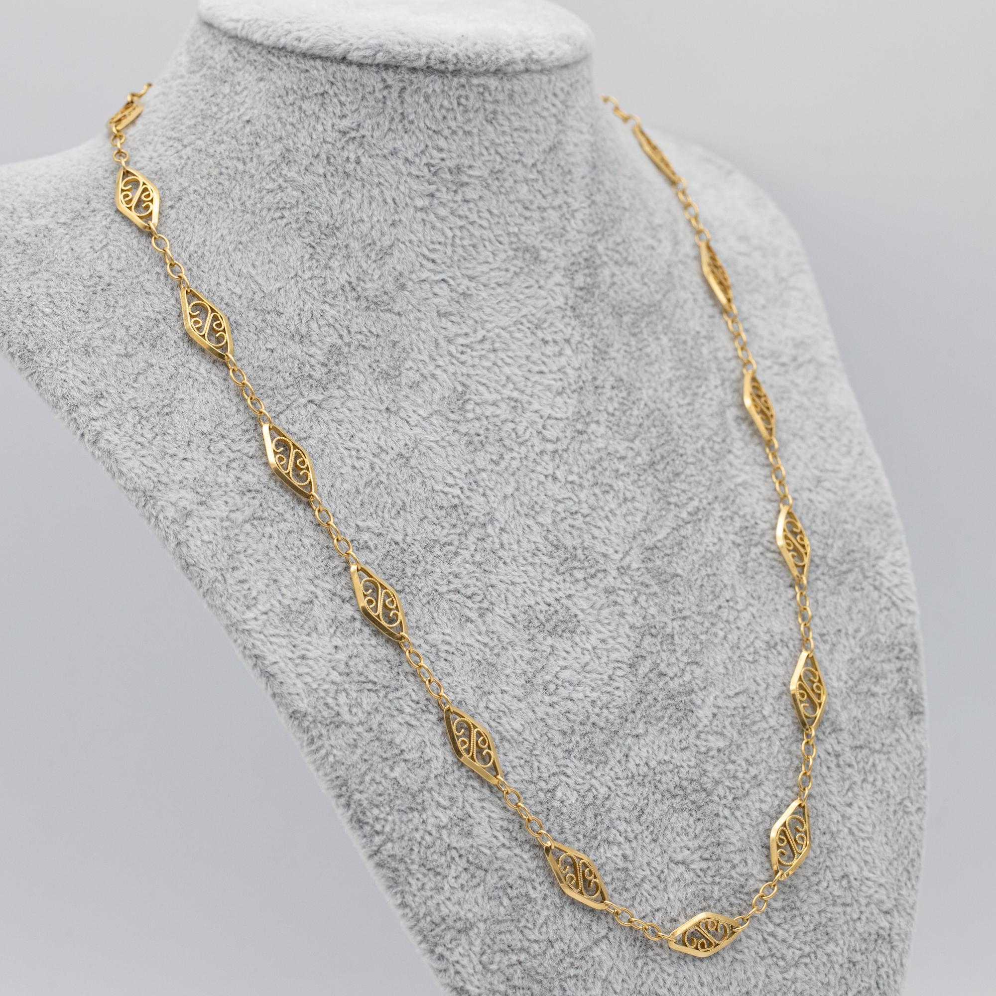 Filigranes französisches Sautoir, 18 Karat massives Gold Vintage Kette Halskette, 50,5 cm - 15,1gr im Angebot 1