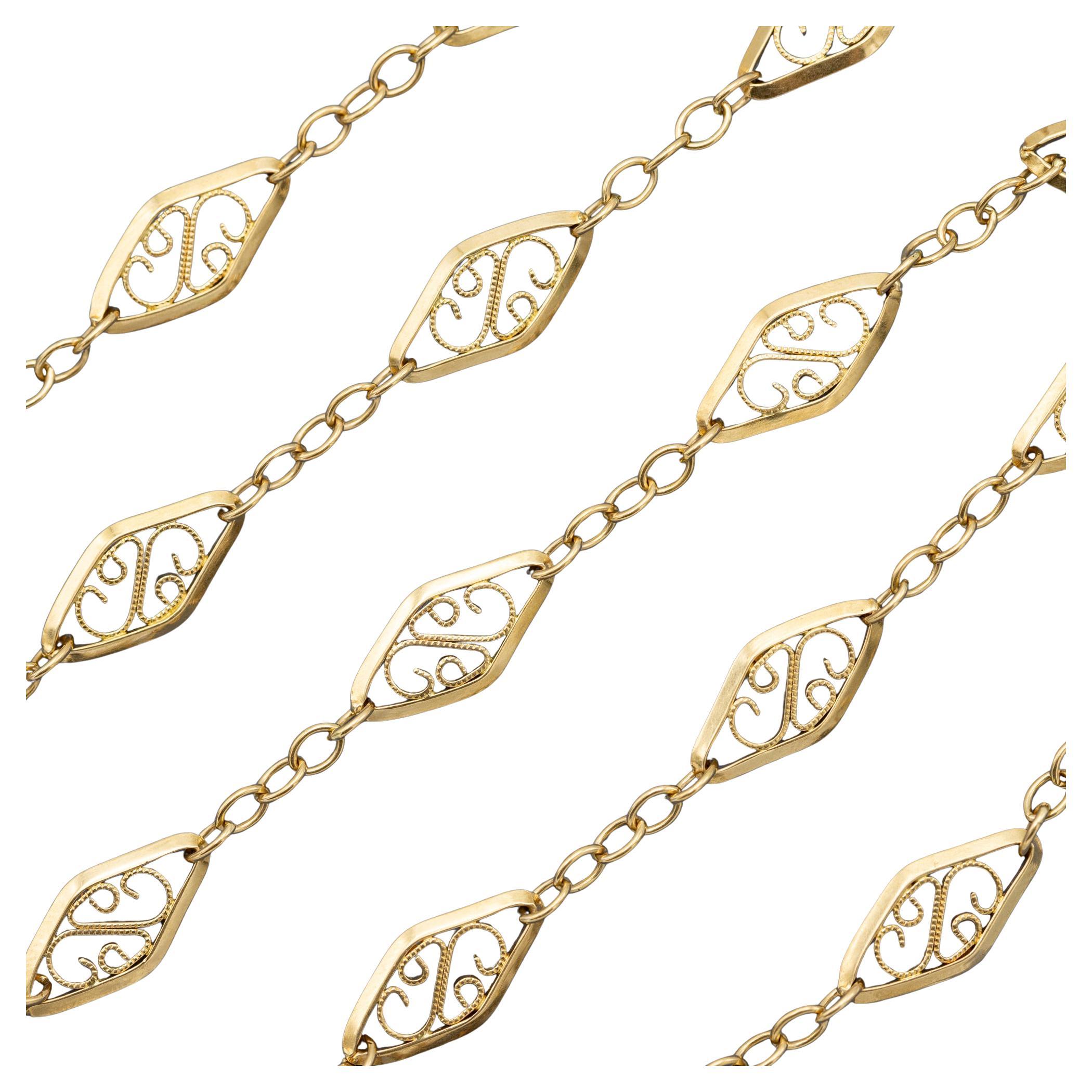 Filigranes französisches Sautoir, 18 Karat massives Gold Vintage Kette Halskette, 50,5 cm - 15,1gr im Angebot