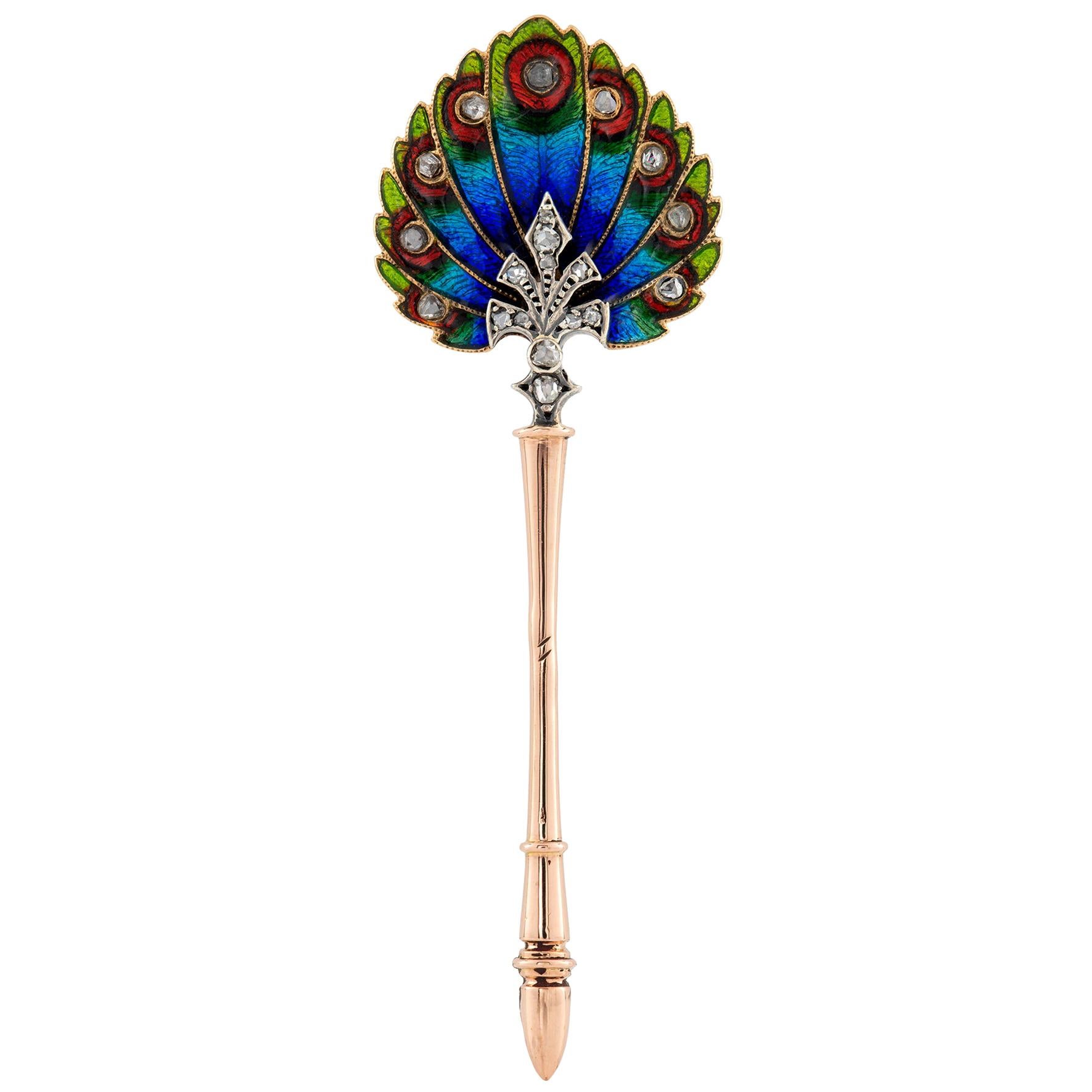 French Fin De Siècle Enamel and Diamond Peacock Fan Pin For Sale