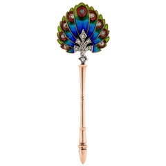French Fin De Siècle Enamel and Diamond Peacock Fan Pin