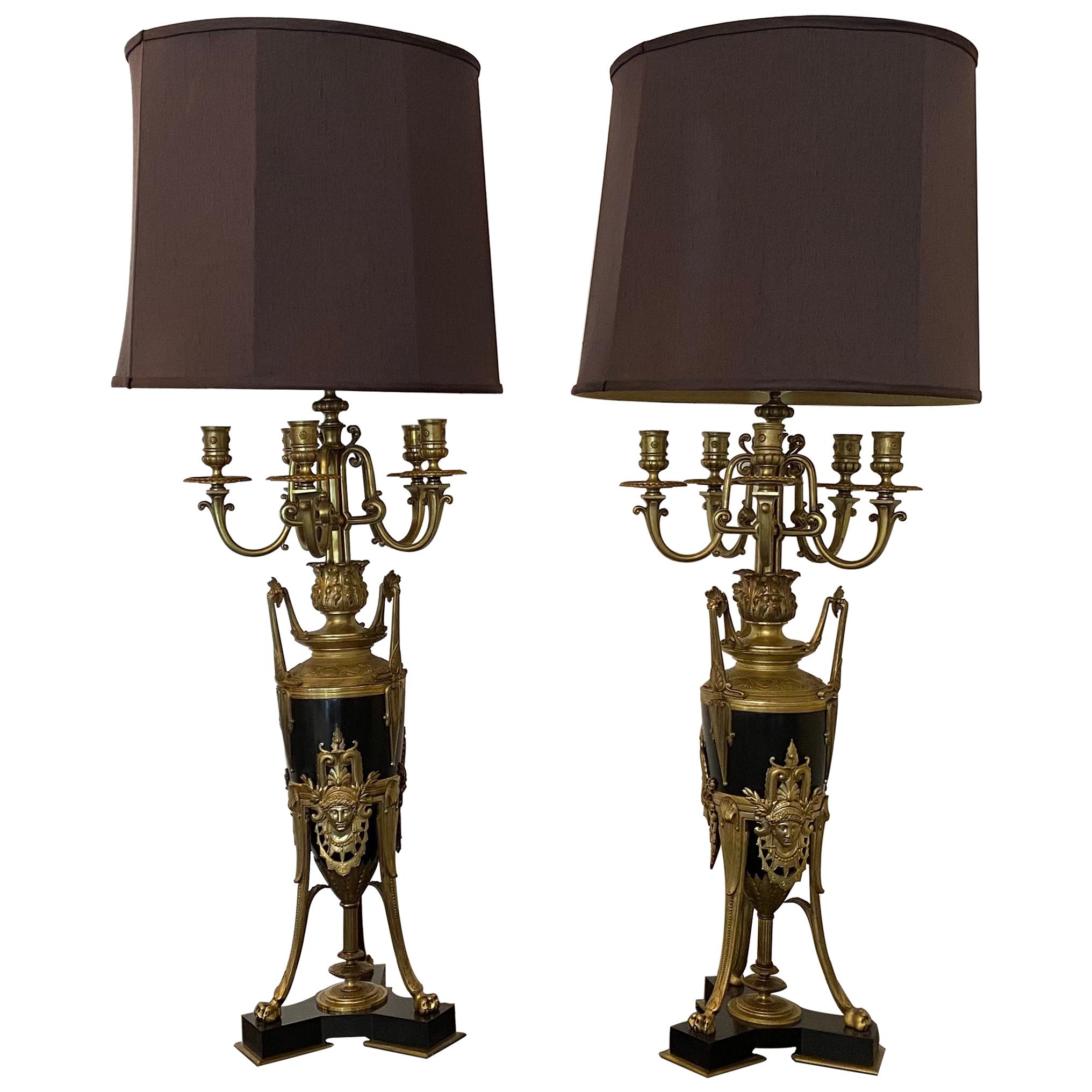 French Fine Antique Dore Bronze Candelabra Lamps For Sale