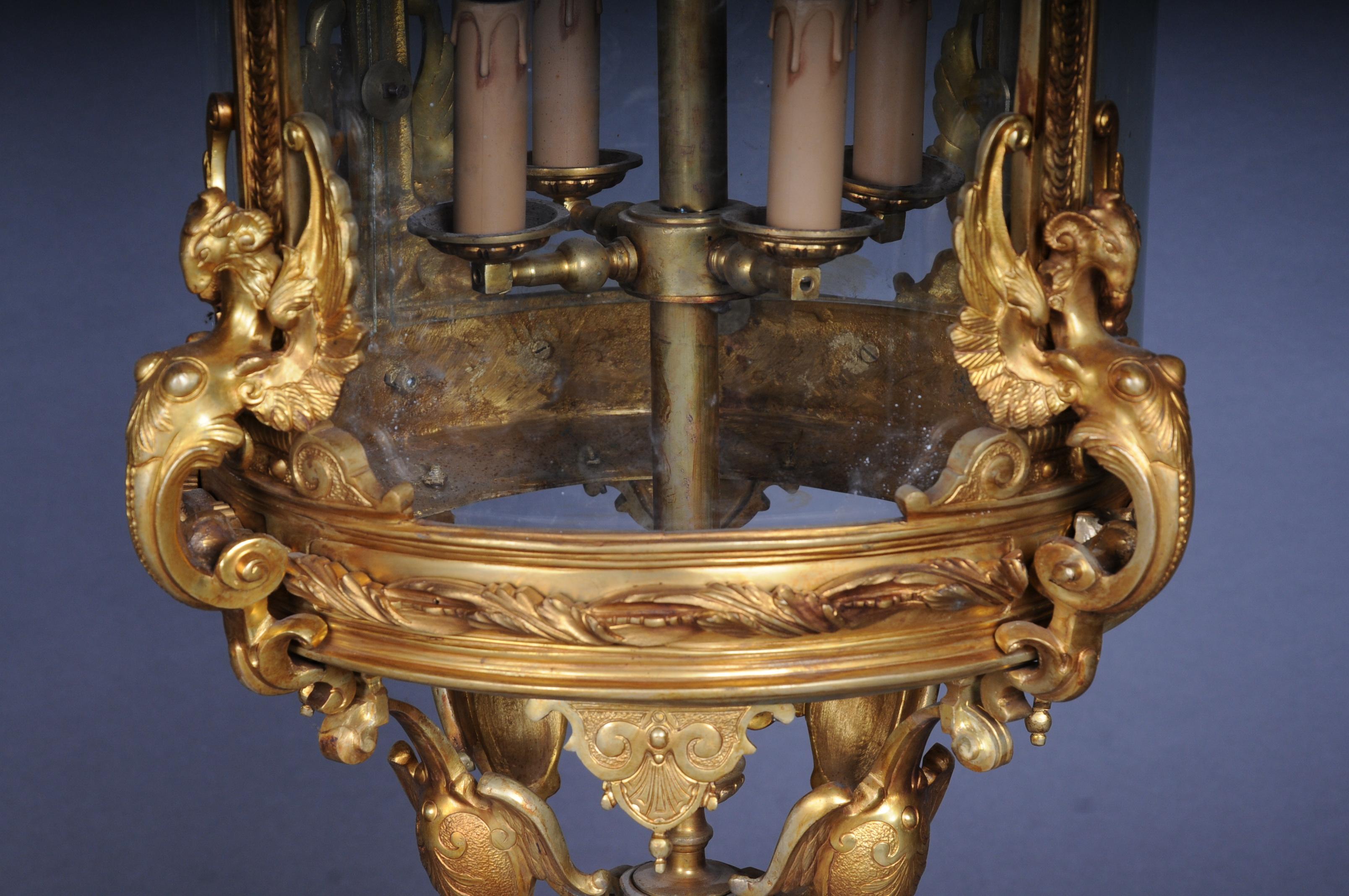 French Fire Bronze Brass Lantern/Chandelier Louis XVI Shape In Good Condition For Sale In Berlin, DE
