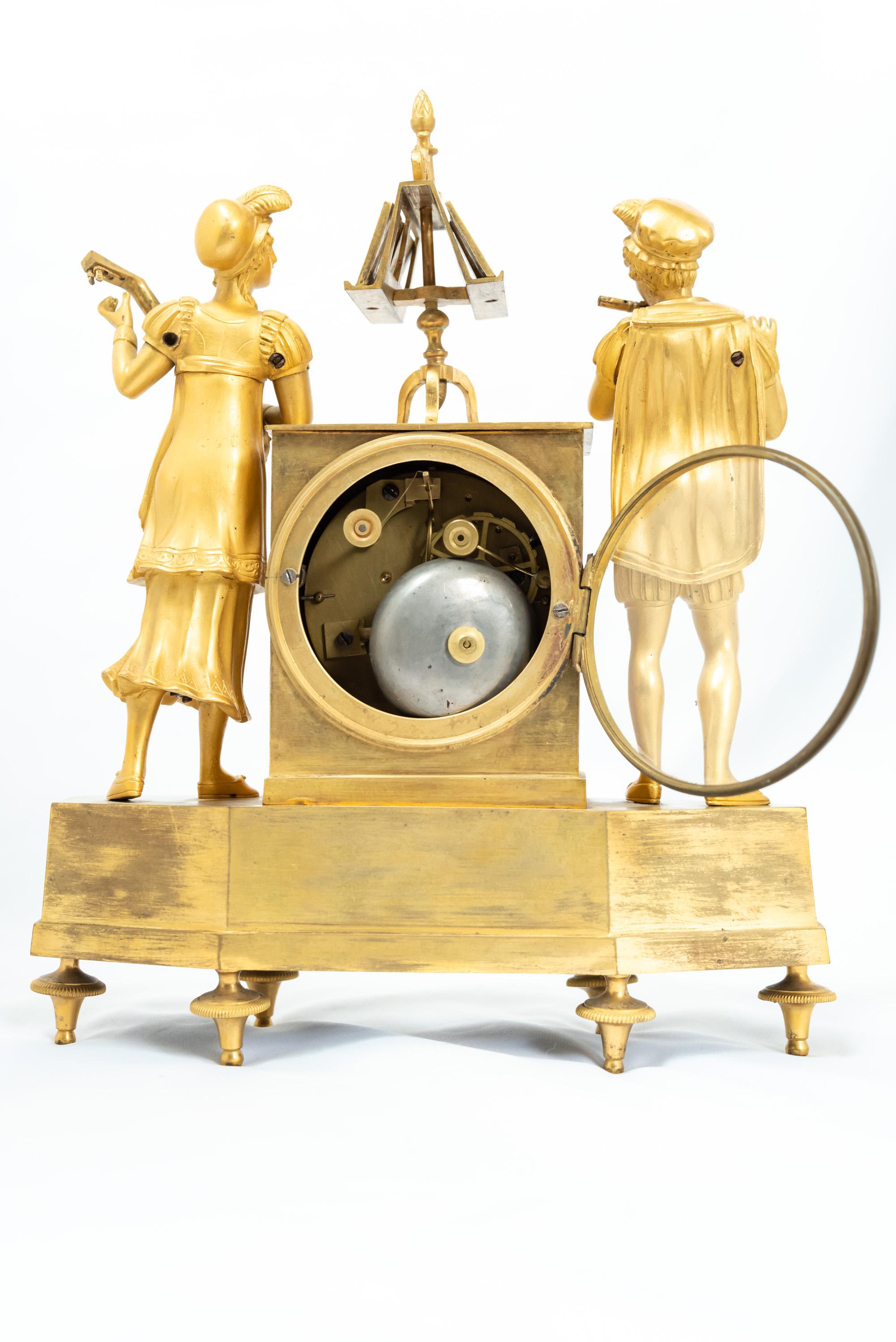 19th Century French Fire-Gilt Bronze Clock Depicting Troubadour Figures c. 1820 For Sale