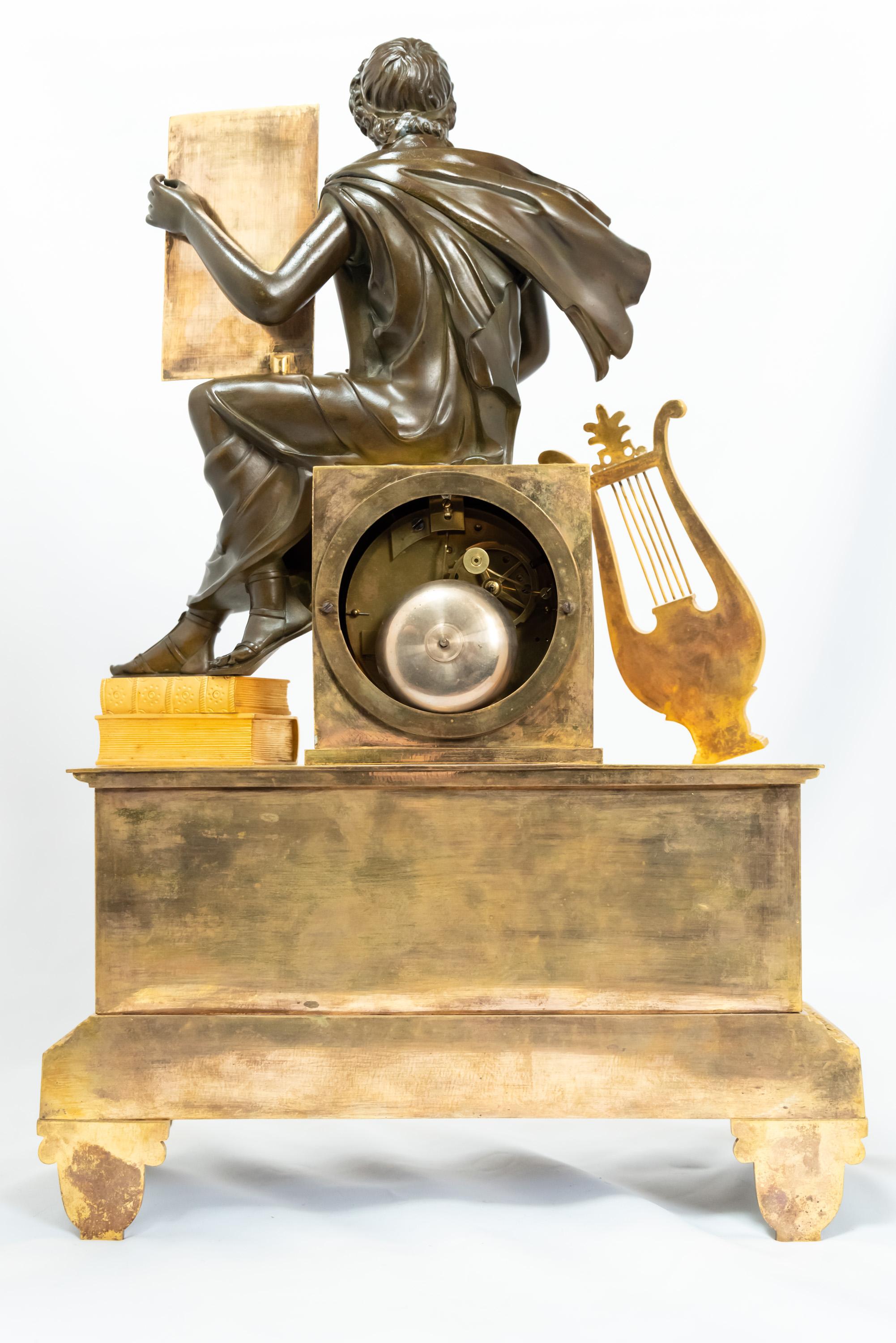 French A Restauration Patina and Fire-Gilt Clock Depicting Virgil For Sale
