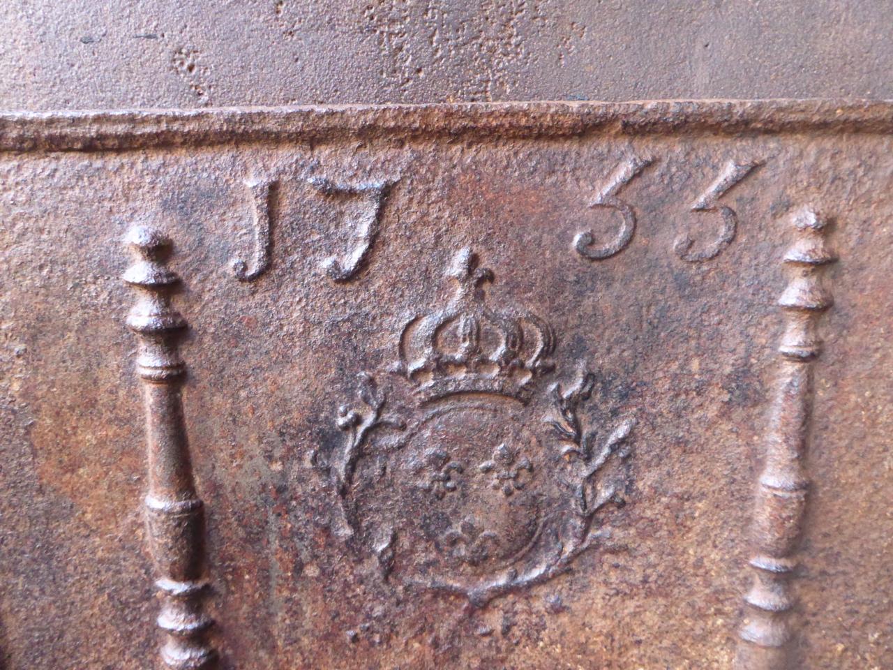 Cast French Fireback with Coat of Arms of France, Dates 1755